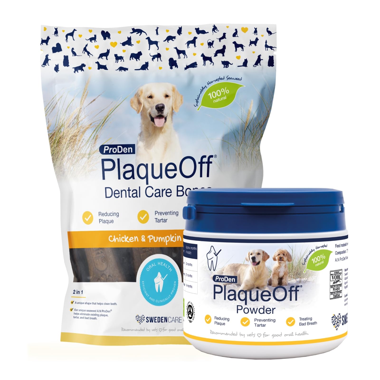 ProDen PlaqueOff Powder for Dogs & Cats, Tartar & Bad Breath Remover with 100% Natural Teeth Plaque Remover (420g Powder with 13 Chicken Bones - Bundle)