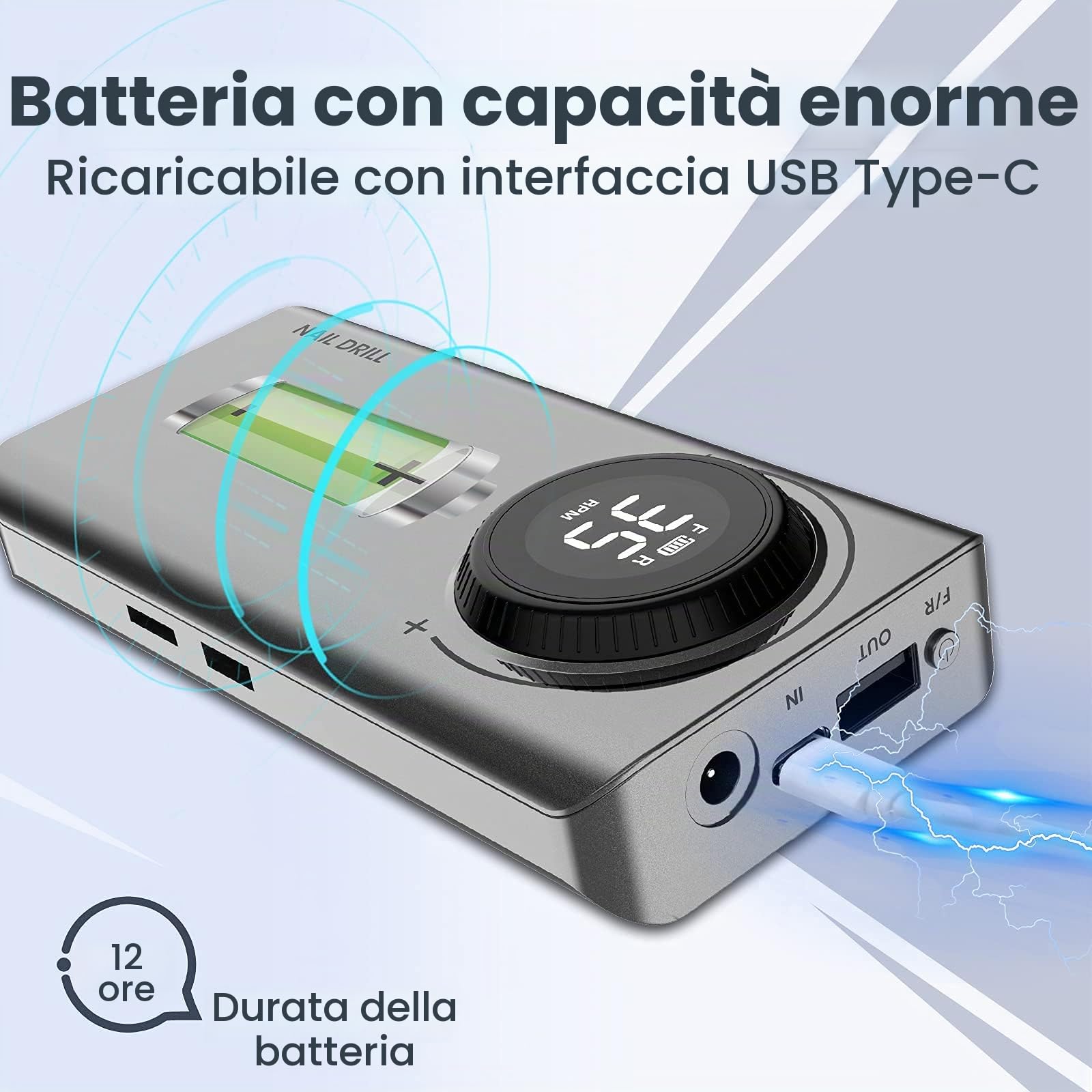 Delanie Fresa per Unghie Professionale 35000 Giri, Trapano Elettrico Ricaricabile per Unghie, Fresa Portatile per Unghie Semipermanente, Manicure e Pedicure, Adatta a Casa e Salone, Grigio