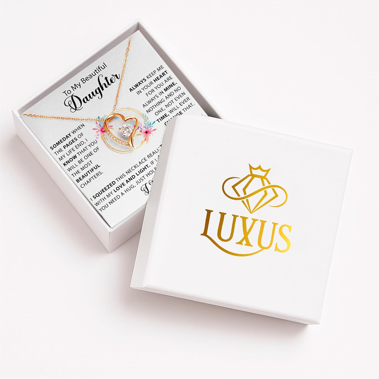 LUXUS™ To My Beautiful Daughter – Heart Necklace, Inspirational Jewelry for Daughter, Gift from Father, Empowering Message Necklace in 18K Gold Finish - Image 3