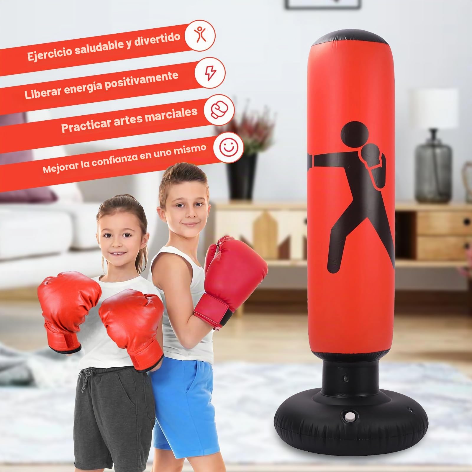 Saco de Boxeo Hinchable para Niños - 160 cm de Pie Con Bomba de Aire y Guantes para Karate, Kickboxing