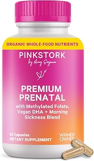 Pink Stork Premium Prenatal Vitamins for Women – Organic Whole-Food Blend with Methylated Folate, Choline, Iron & Vegan DHA – Doctor-Formulated Multivitamin & Probiotic – Gentle on Stomach, 60 Count