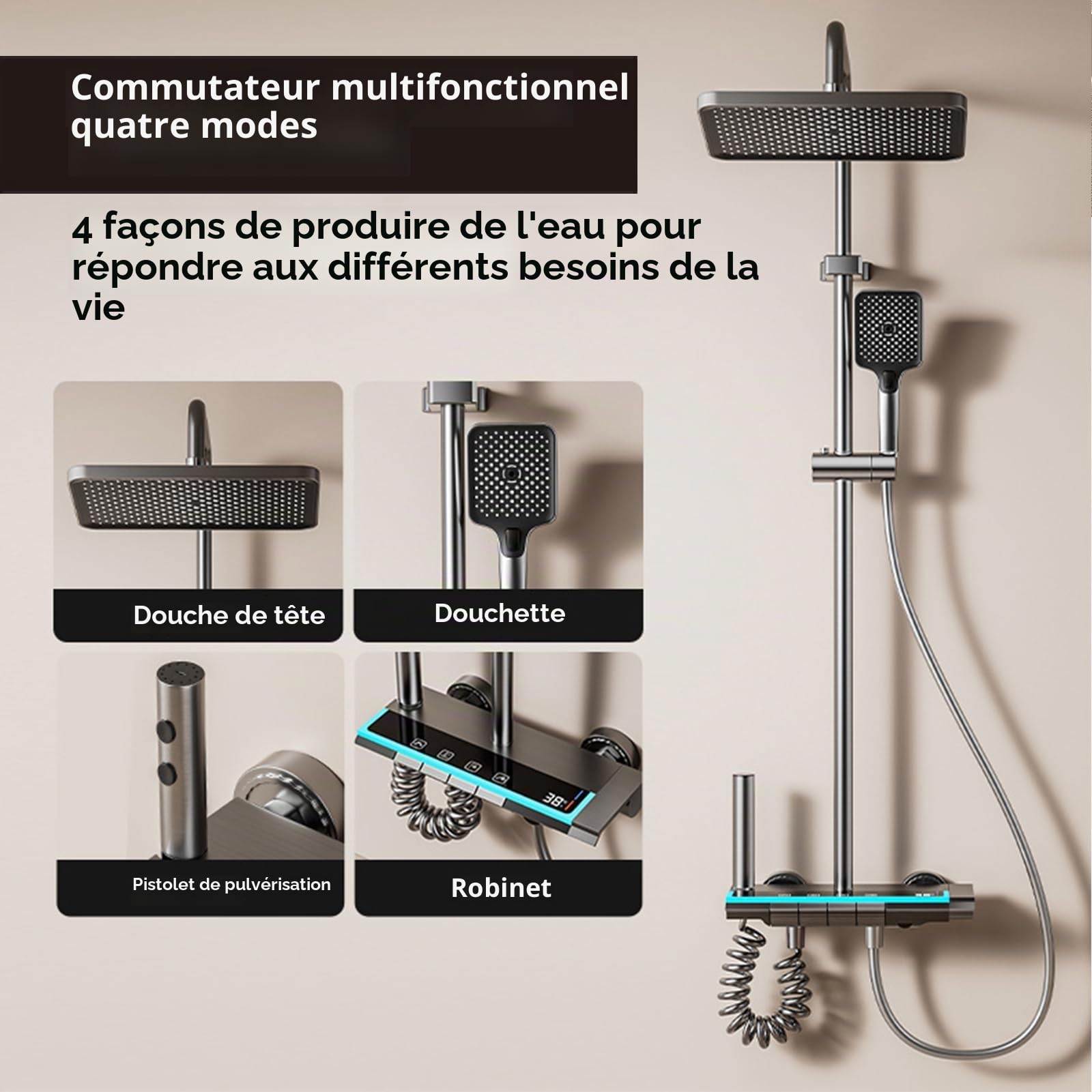 Colonne de Douche avec Écran LED Numérique et Horloge, Éclairage d’Ambiance, Robinetterie Réglable en Hauteur avec Boutons Piano et Douchette Bidet pour Salle de Bain