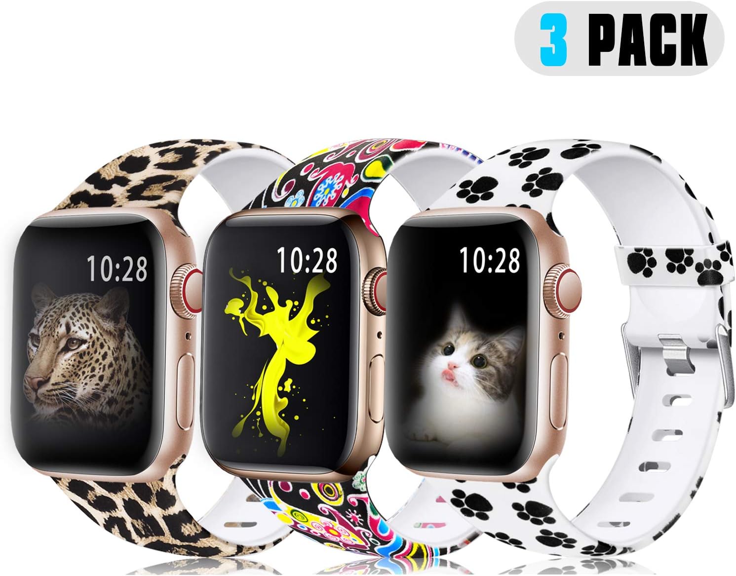 Bands Compatible with Apple Watch 38MM/40MM/42MM/44MM, Durable Fadeless Pattern Printed TPU Replacement Strap for Apple Watch 4/3/2/1 (A-Leopard/Paw/Firework, 38mm/40mm S/M)
