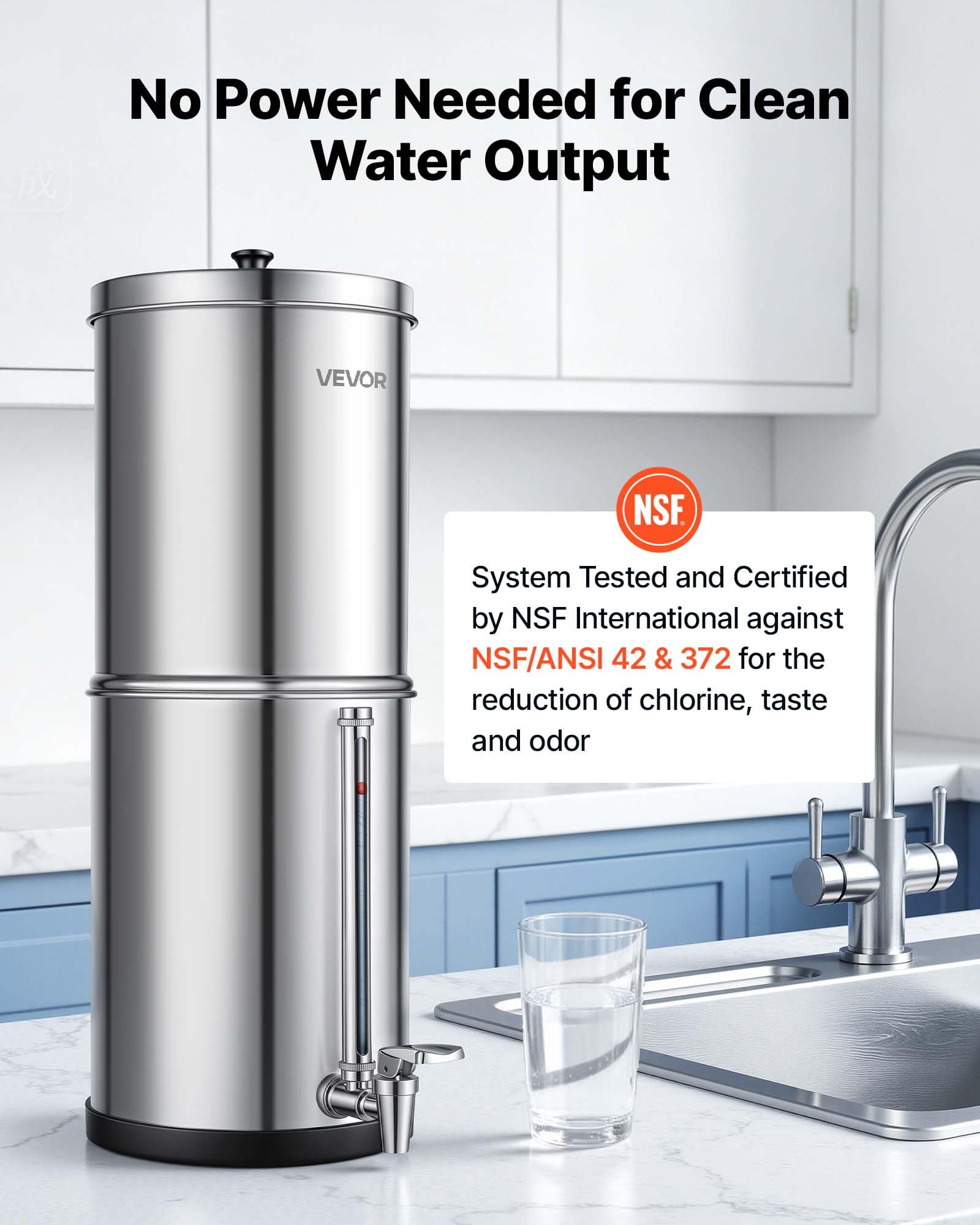 VEVOR Sistema de Filtración de Agua por Gravedad 5,68 L Nivel Visible, De Acero Inoxidable, Reduce Plomo y Hasta 99% del Cloro, Con 2 Filtros de Carbón, Con Grifo y Soporte, Para Hogar, Camping