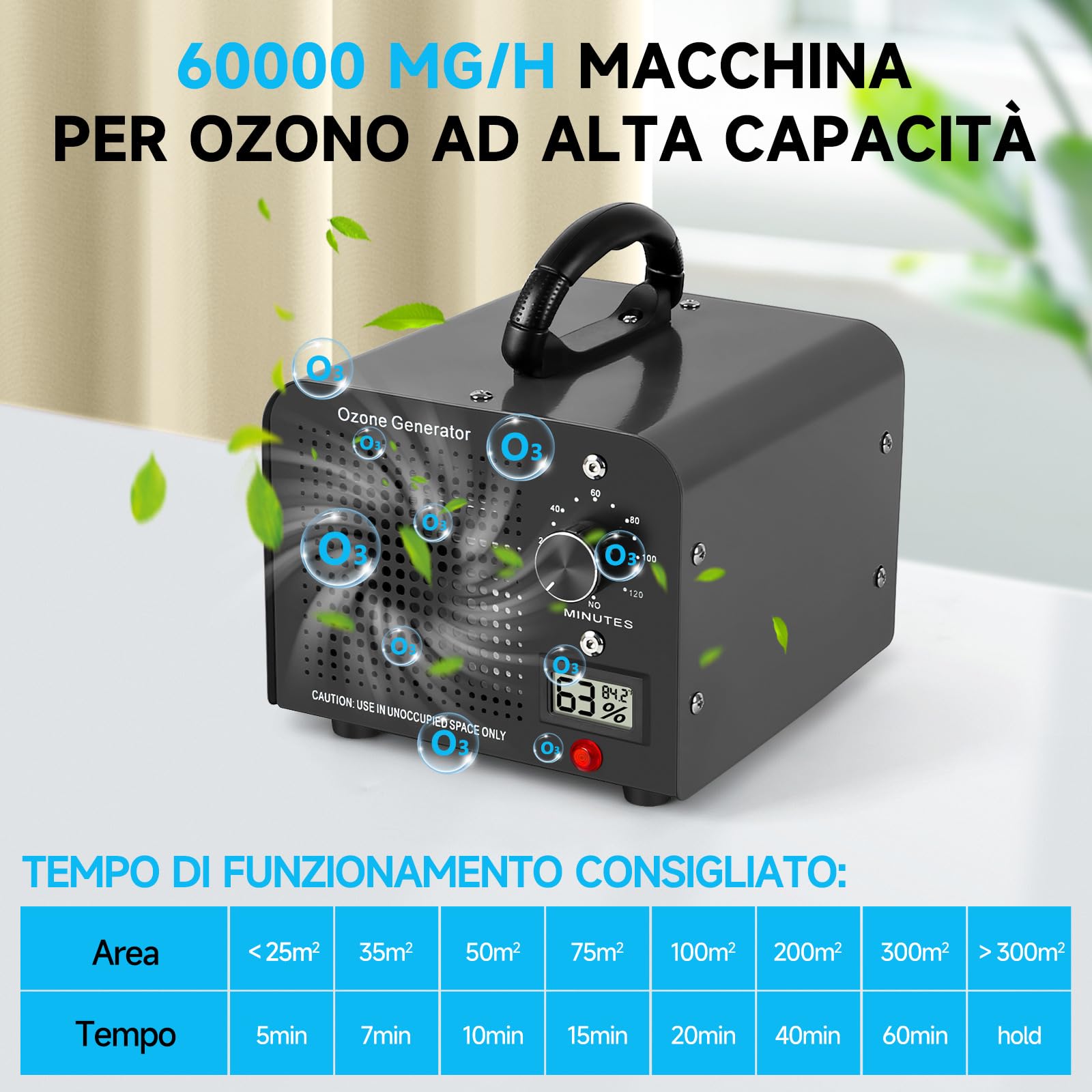 Generatore di Ozono 60000mg/h, Purificatore d'Aria Ozono con 120 Min Timer, Temperatura, Display di Umidità, Ozonizzatore per Auto, Casa, Ambiente, Fumo, Odori di Animali Domestici e Cucina