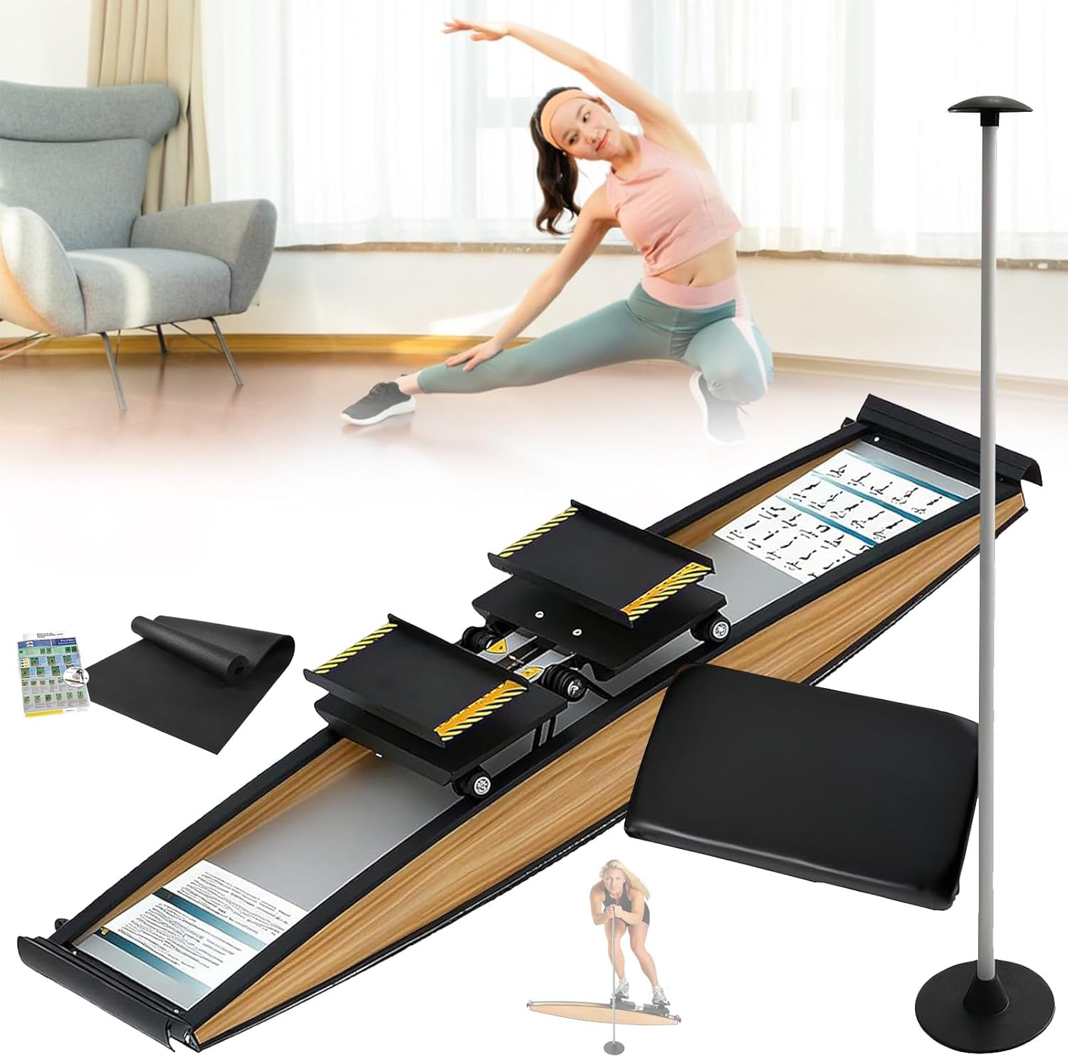 Indoor Ski Trainer, Balance Workout Simulator for Skiing, Exercise Machine with Adjustable Resistance, Includes Poles & Mats for Home Fitness