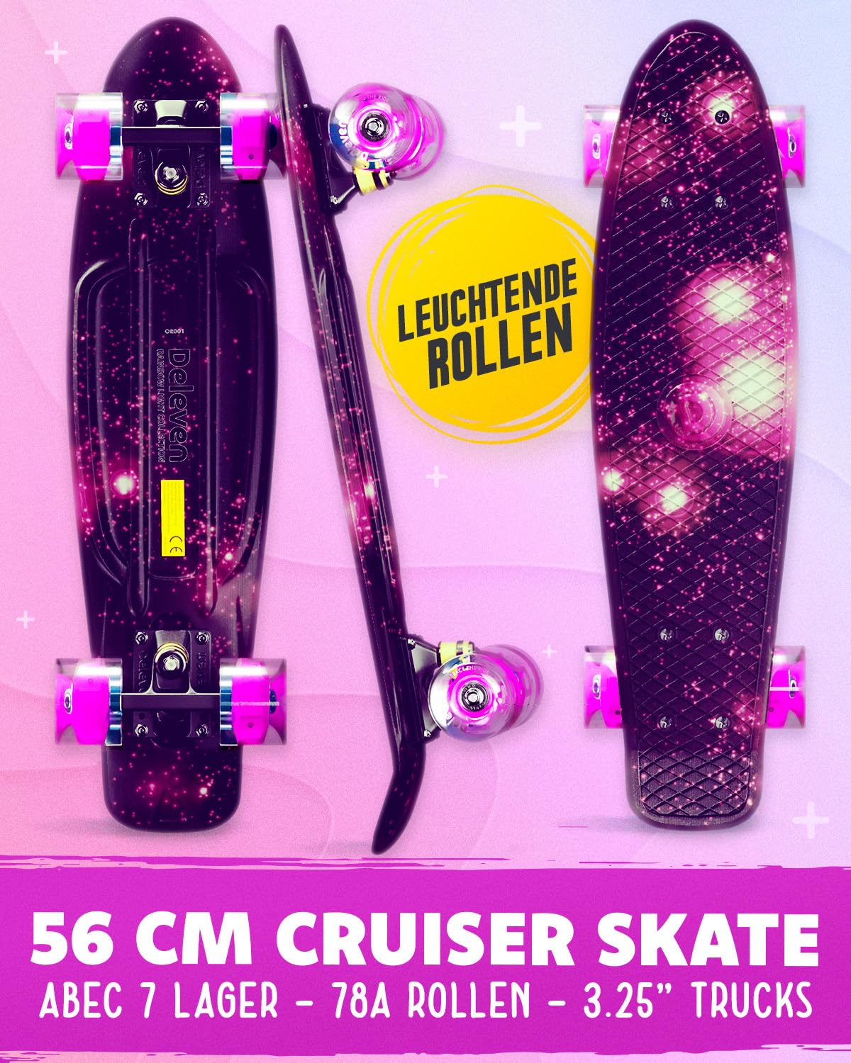 Deleven Skateboard mit Tragetasche, LED Rollen, Skate Tool und ABEC 7 Lager - Kinder Erwachsene Anfänger - 56 cm