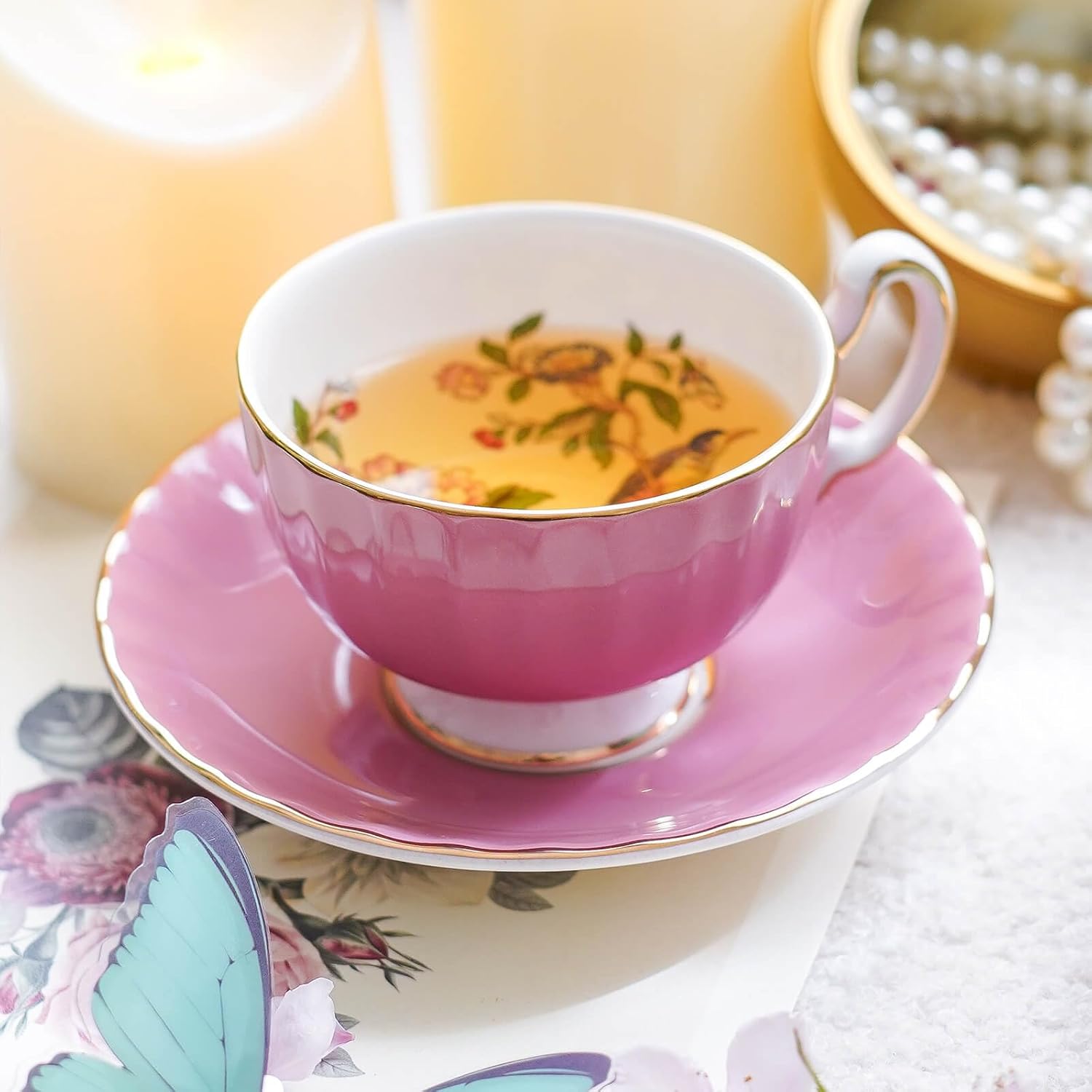 Aynsley Pembroke Glaze Oban 2-Piece Fine Bone China Teacup & Saucer - 6oz (180ml), Handpainted Floral with Gold Trim - Vintage Gift Set-Pink