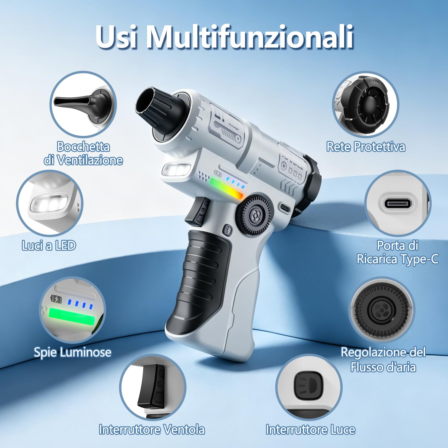 yAyusi Aspiratore Elettrico Ricaricabile,Aspiratore ad aria Compressa ad Alta Potenza da 130000 giri/minuto con Luce LED,Regolazione Continua della Velocità,Adatto per Computer,Esterni,Case e Auto