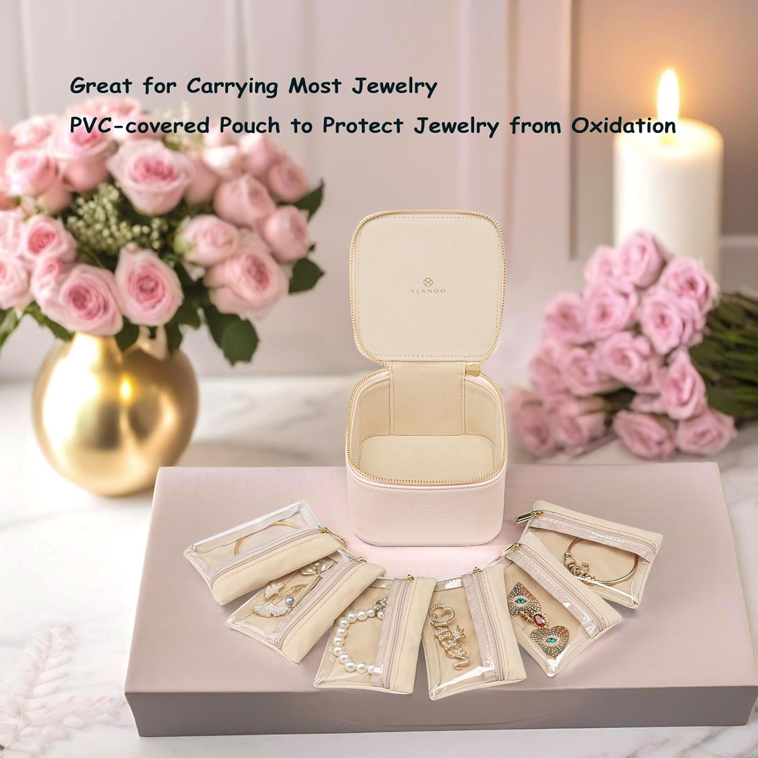 Vlando Travel Jewelry Box Organizer - 6 Small Velvet Zipped Pouches Pockets for Jewelries Necklaces Rings Earrings Sorting Storage, Rosy Mauve - Image 6