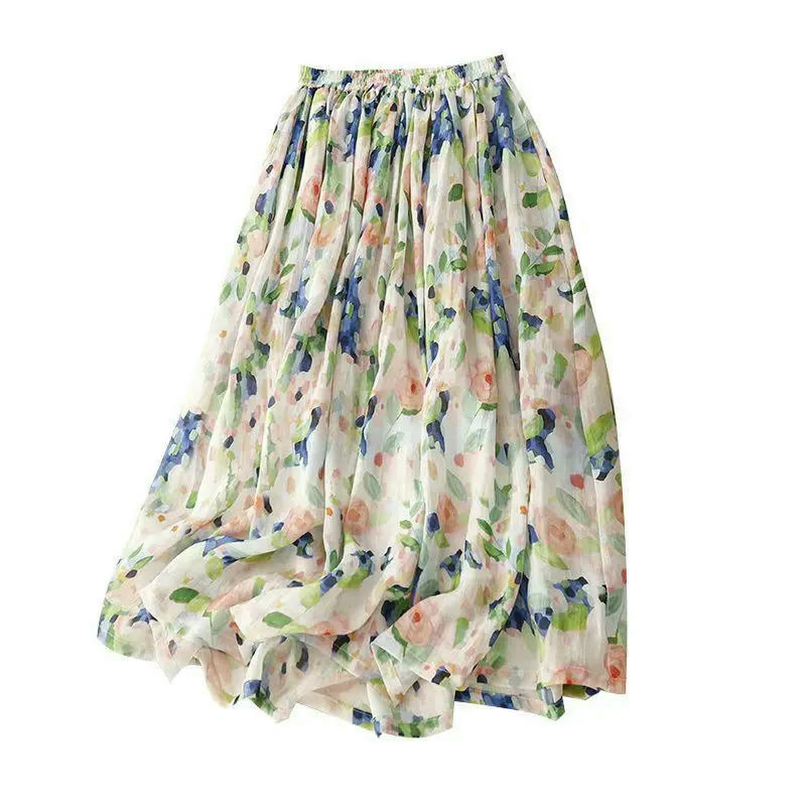 Cintura Sottile Donna Dipinto Ad Olio Floreale Elegante Elastico High Waist A-Line Gonna da Mid-Calf Lunghe Gonne per Donne Abbigliamento Moda-Floreale-l