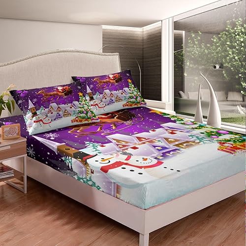 Miniatura 4 de Manfei Sábana bajera ajustable de Navidad, tamaño individual, juego de ropa de cama de árbol de Navidad de muñeco de nieve, 2 piezas para decoración