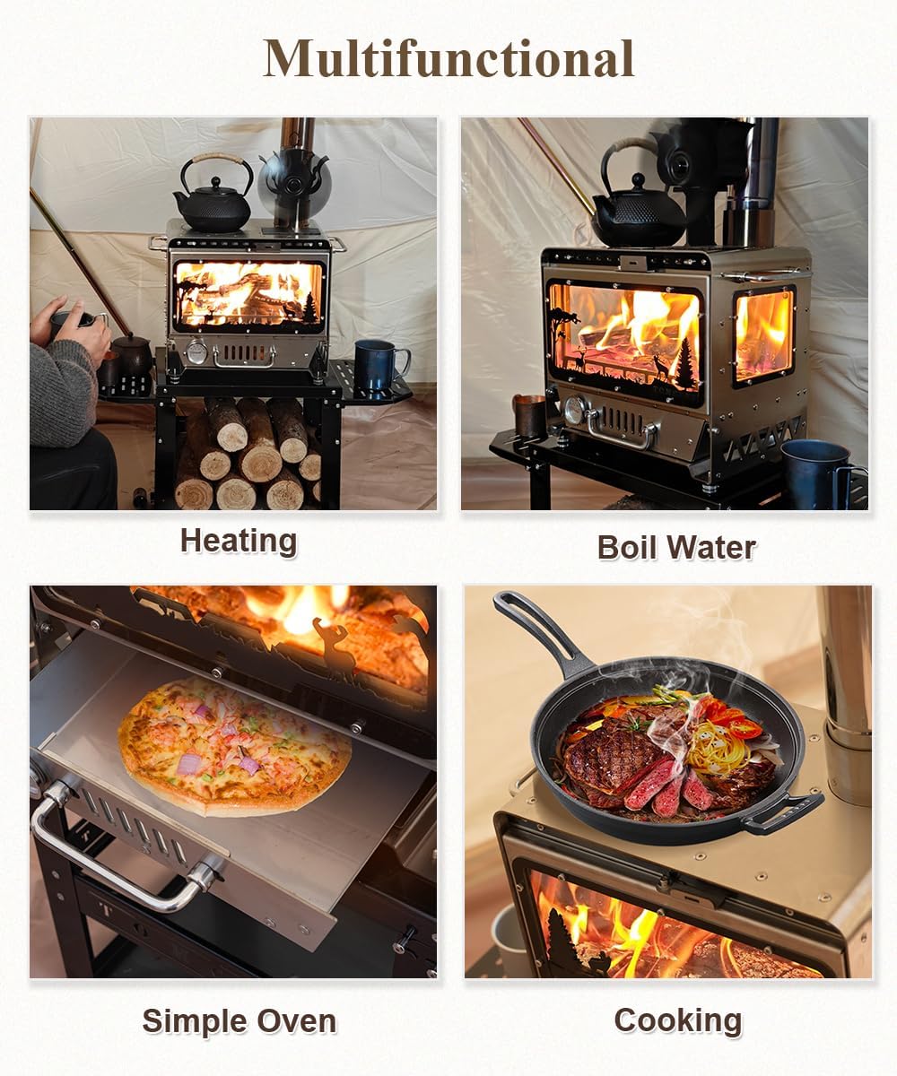 TOMOUNT Hot Tent Stove,Wood Stove with Frame Base,with 7 Chimney Pipes,304 Stainless Steel with heat-resistant Glass Window
