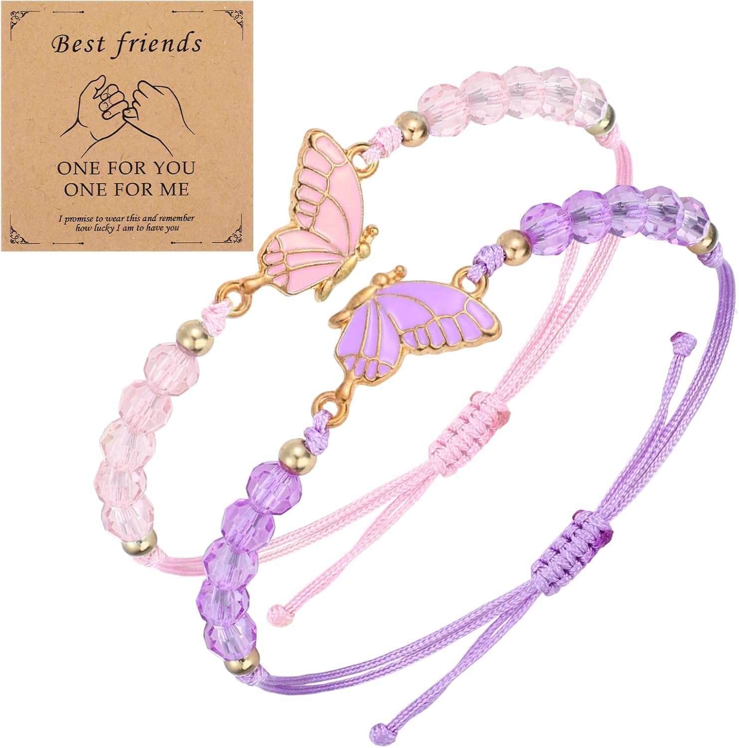 2 Pcs Best Friend Bracelet, Adjustable Strand Bff Bracelets, Butterfly Matching Bracelets for Couples,Handmade Charm Friendship Bracelet Jewelry Gifts for Women Couples Bestie(Pink Purple)