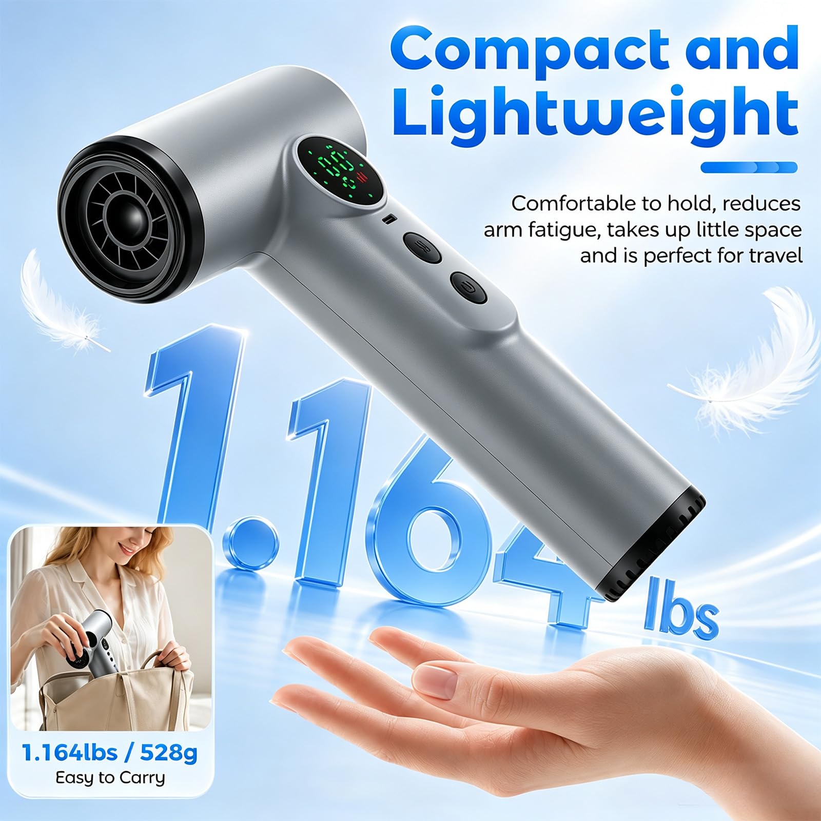 Pro Akku Reisefön 15600mAh - Kabelloser Haartrockner, 3 Geschwindigkeiten & 3 Temperaturen, Digitaldisplay, 528g Leicht, 30000 U/min, Hot/Cold, für Reise Camping Hotel, Grau
