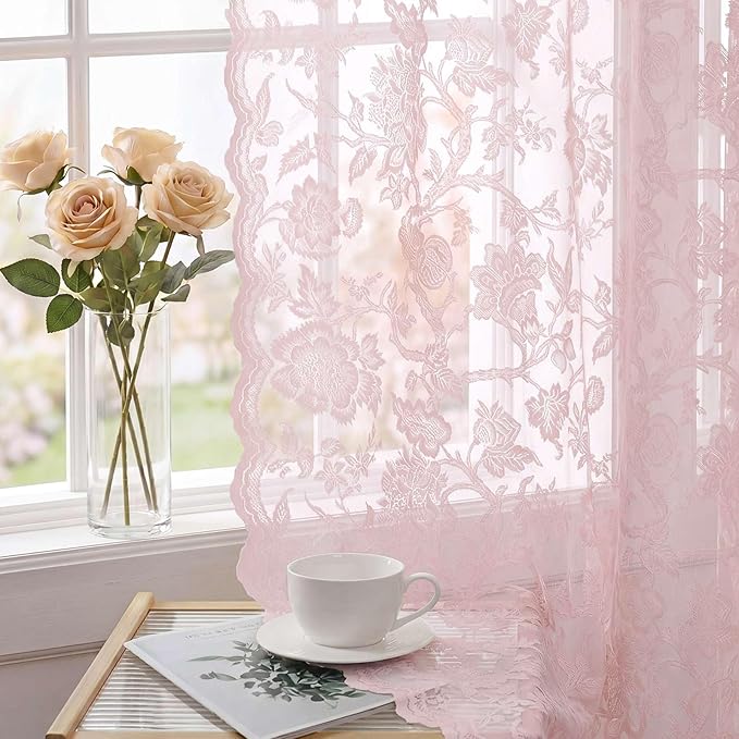 H.VERSAILTEX Sage Green Lace Curtains 84 Inches Long Vintage Sheer Curtains for Living Room Bedroom Window Drapes Rod Pocket Privacy Light Filtering Curtain for Dining Room Decor, 52" W x 84" L