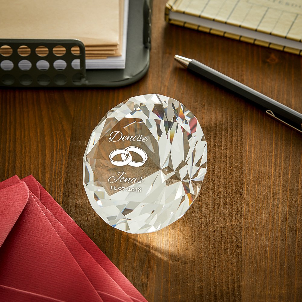 Casa Vivente Cristallo in Vetro a Forma di Diamante, Incisione Personalizzata con Nomi e Data, Motivo Fedi, Fermacarte da Scrivania, Regalo di Nozze