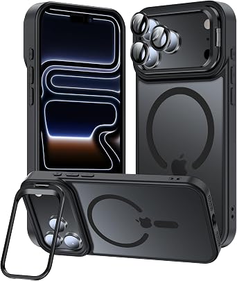 TOBOVON for iPhone 17 Pro Max Case, Fits MagSafe, with Built-in Camera Ring Stand & Lens Protector, Slim Translucent Matte Military-Grade Drop Protection Magnetic Cover, Black