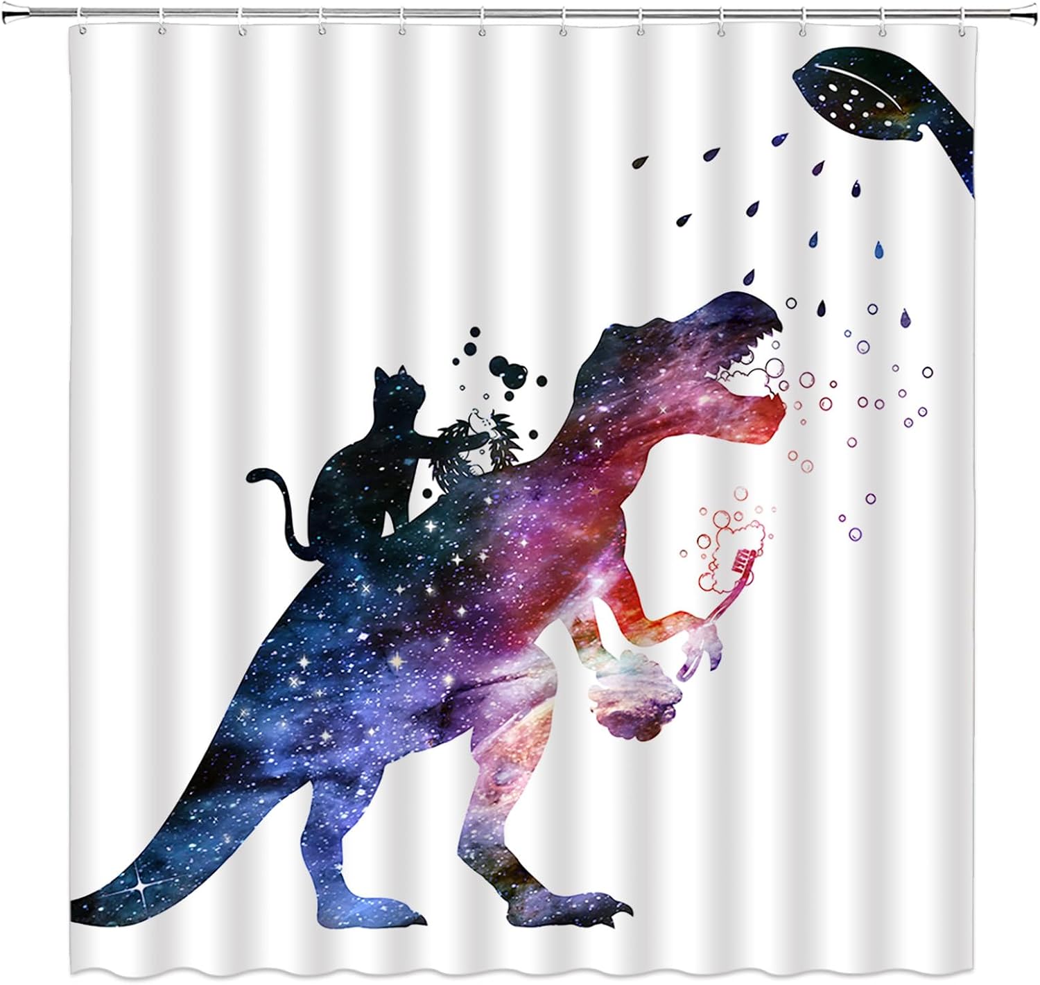 Funny Dinosaur Shower Cat Silhouette Cool Hedgehog Bath Black White Cartoon Kids Boy Fabric Bathroom Decor Set with Hooks（180" Wx70 H）