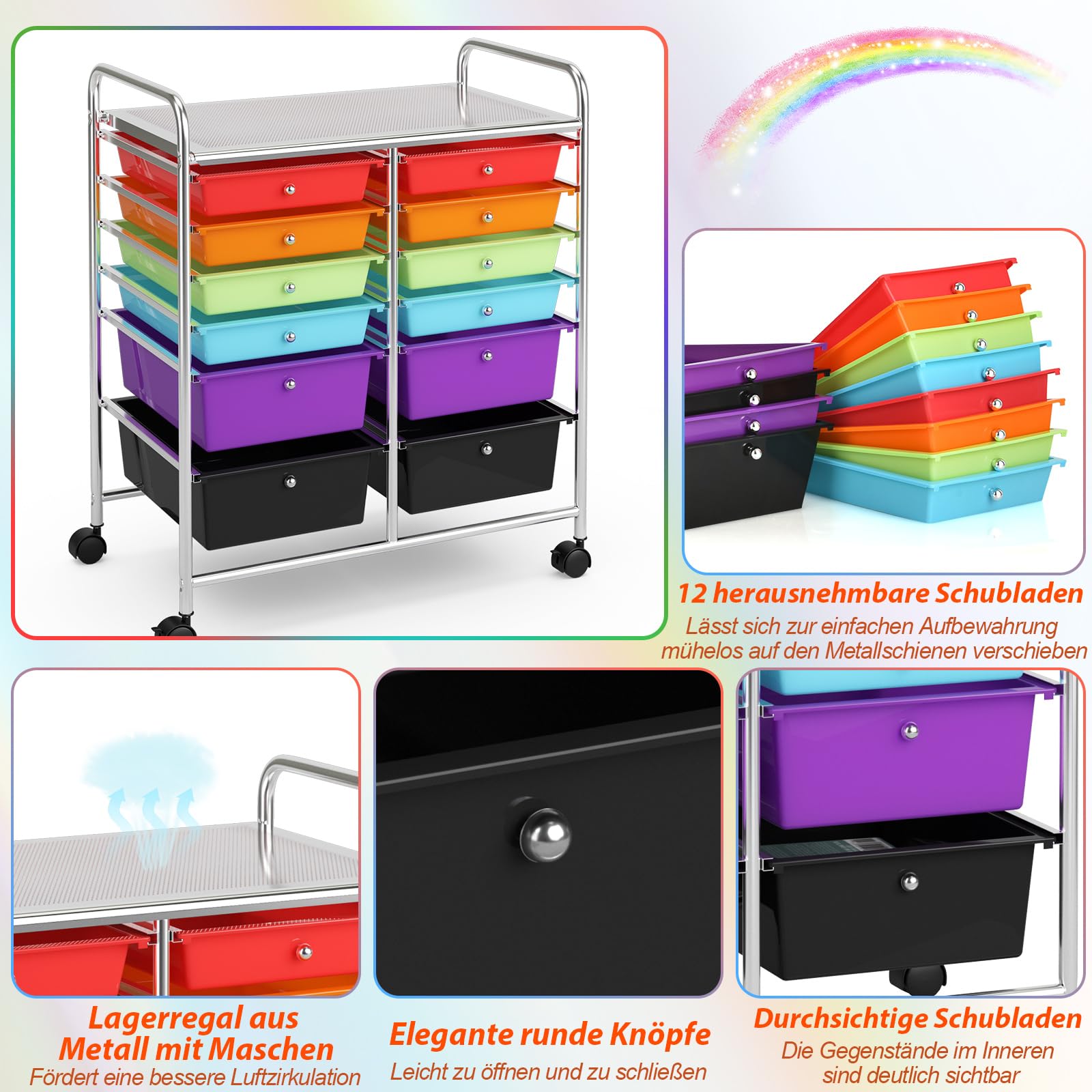 COSTWAY Chariot à roulettes avec 12 tiroirs empilables, chariot de rangement pour bureau, salon (multicolore)