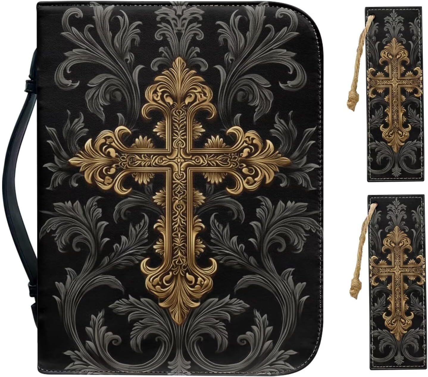 PU Leather Bible Cover for Women Men Carrying Bible Case with Zippered Pockets Black Gold Cross Print Scripture Protector Book Organizer Holder, L