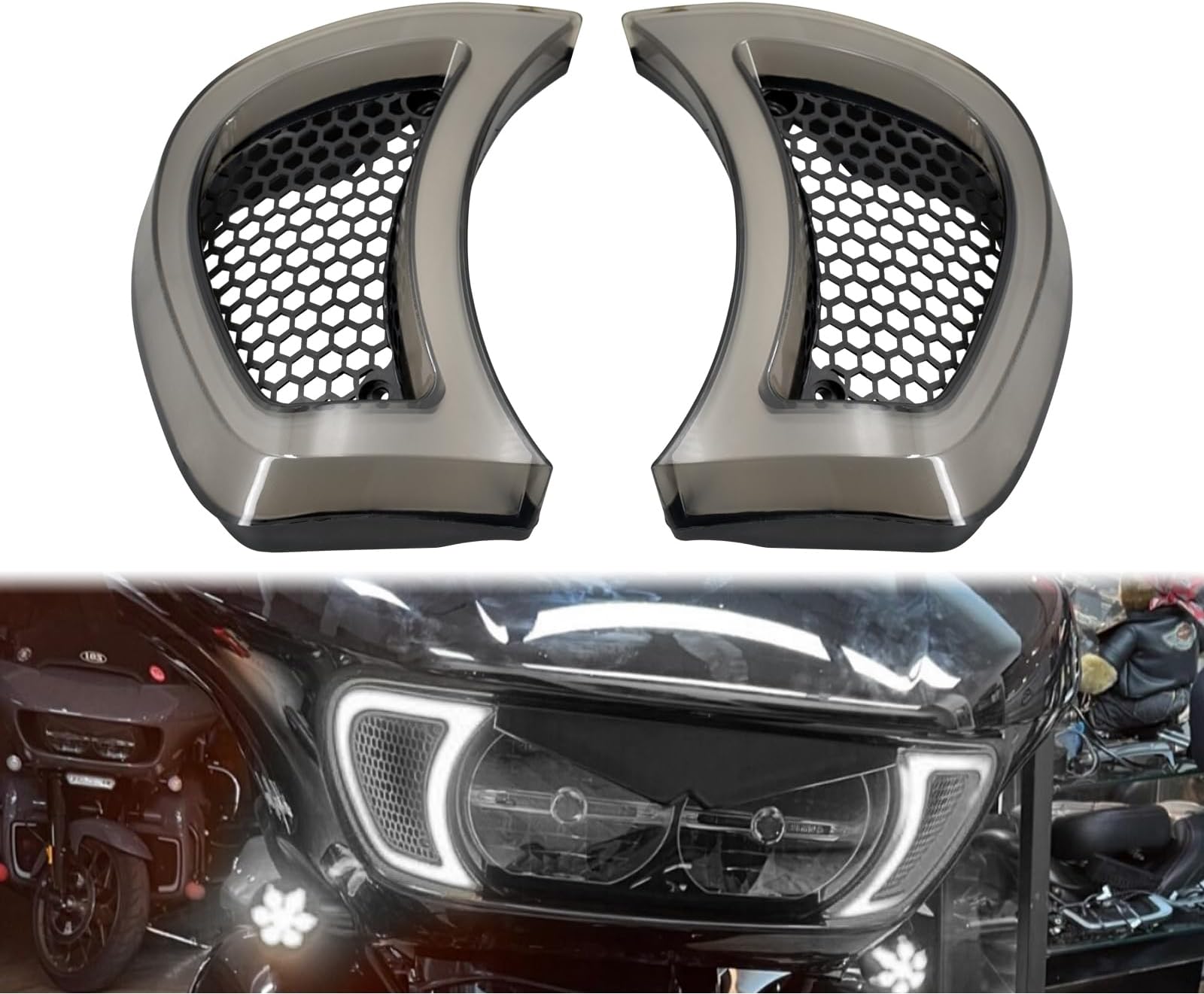 Motorcycle Headlight Vent Accent Turn Signal LED Indicator Side Lights For Harley Road Glide FLTRX 2015-2023 (Smoke Lens)