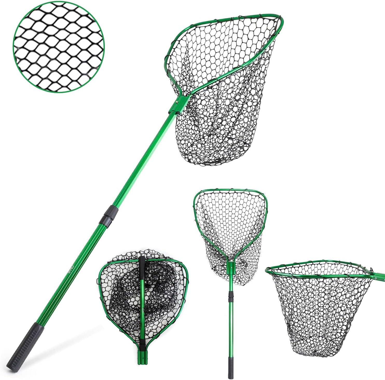 UMT Telescopic Fishing Landing Net (3.6–5 ft) — 17" x 19" Large Hoop, 21" Deep Silicone Rubber Mesh, for Freshwater & Saltwater, Green