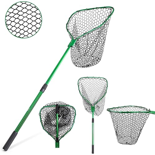 UMT Telescopic Fishing Landing Net (3.6–5 ft) — 17" x 19" Large Hoop, 21" Deep Silicone Rubber Mesh, for Freshwater & Saltwater, Green