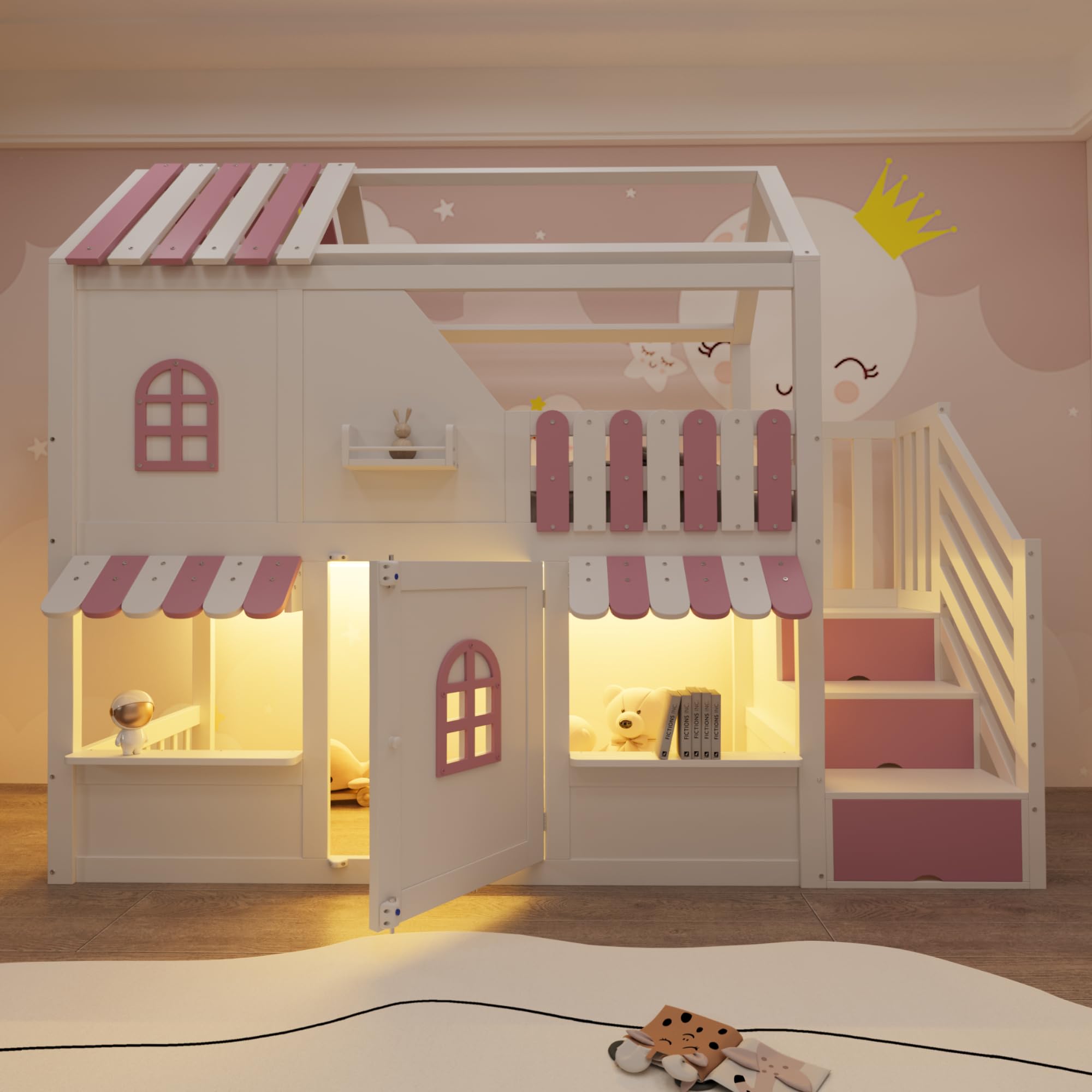 Kinder Etagenbett 90x200 cm, Hausförmiges Design mit Dach, Fenstern und Tür, Stauraumtreppe, LE/D Rendering und Regalen, Sichere Geländer und Holzgestell, ohne Matratze (Weiß + Rosa)