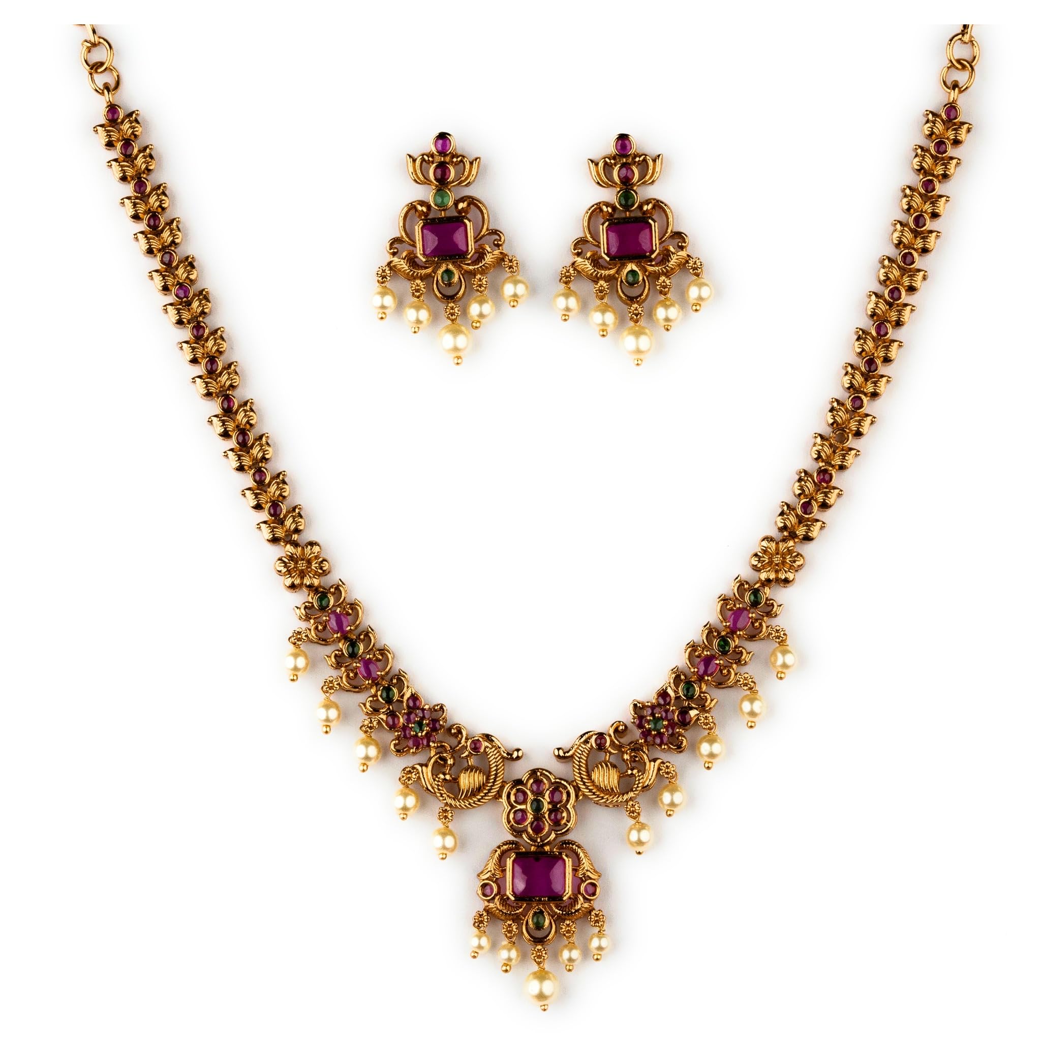 Enchanting Gold Plated Peacock and Floral Pearl Necklace Jewellery Set for Women & Girls-image-15