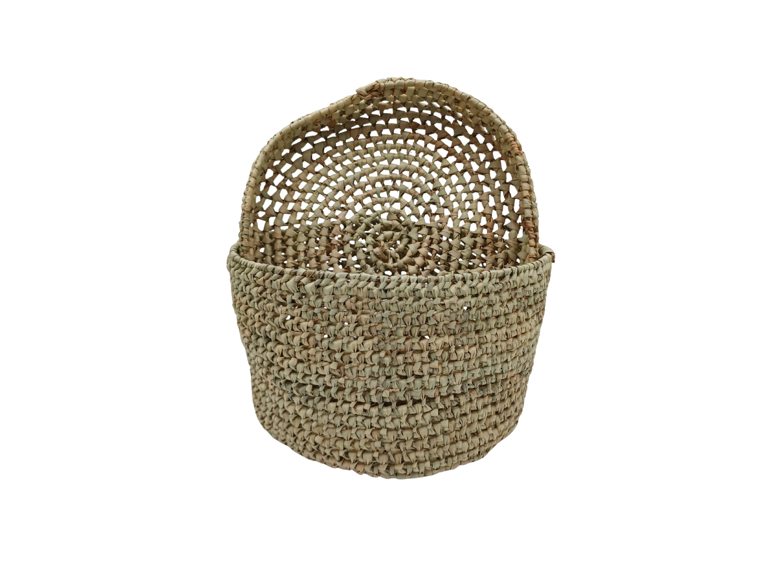 Cesta Redonda de Almacenamiento Marroquí, Fibras Naturales, con Tapa Tejida, Beige (Grande)