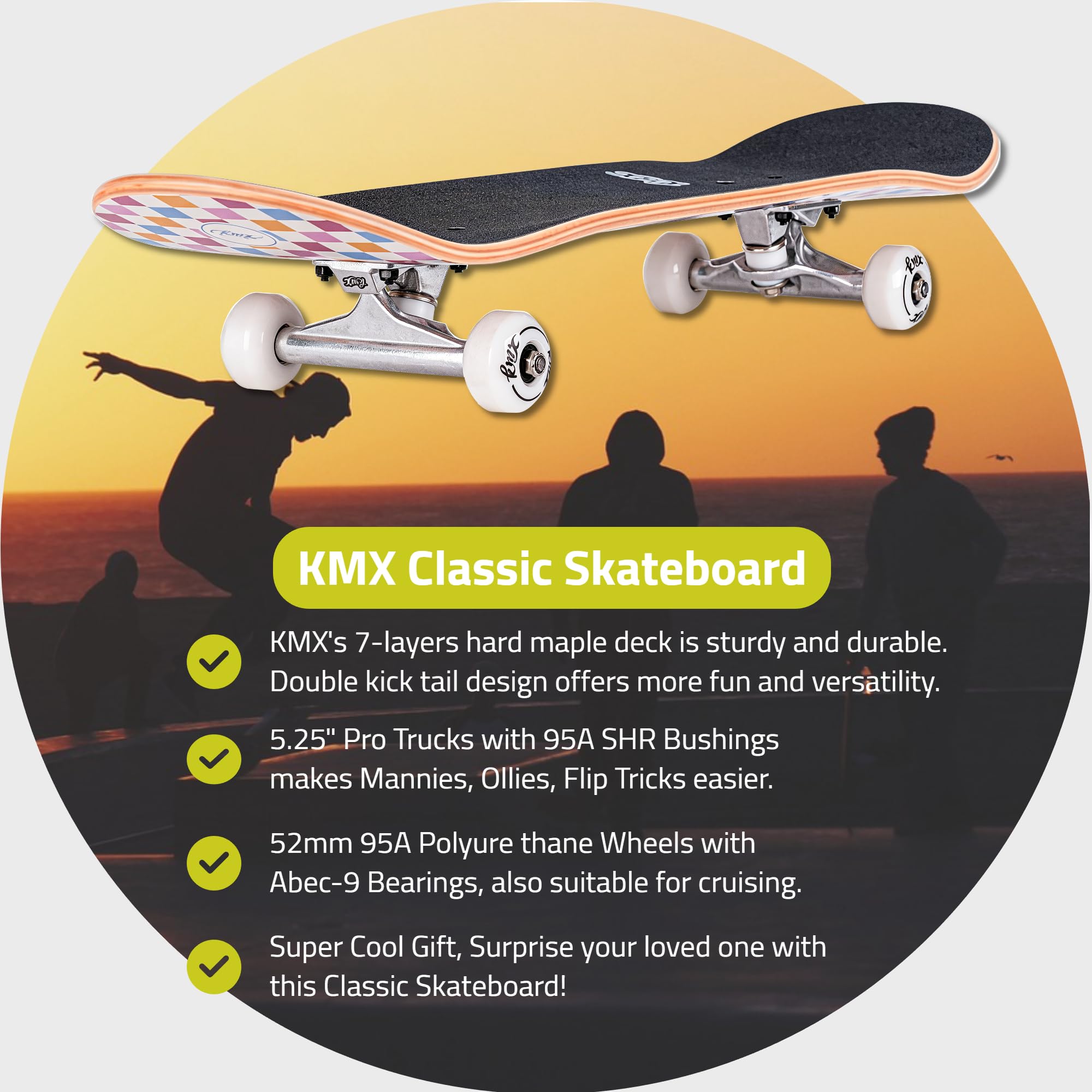 KMX Klasyczna deskorolka mini cruiser 56 cm dla dzieci, studentów, dorosłych, początkujących do zaawansowanych, przenośna, kompaktowa, gładkie łożyska, duże koła PU, ciężarówki ze stopu aluminium
