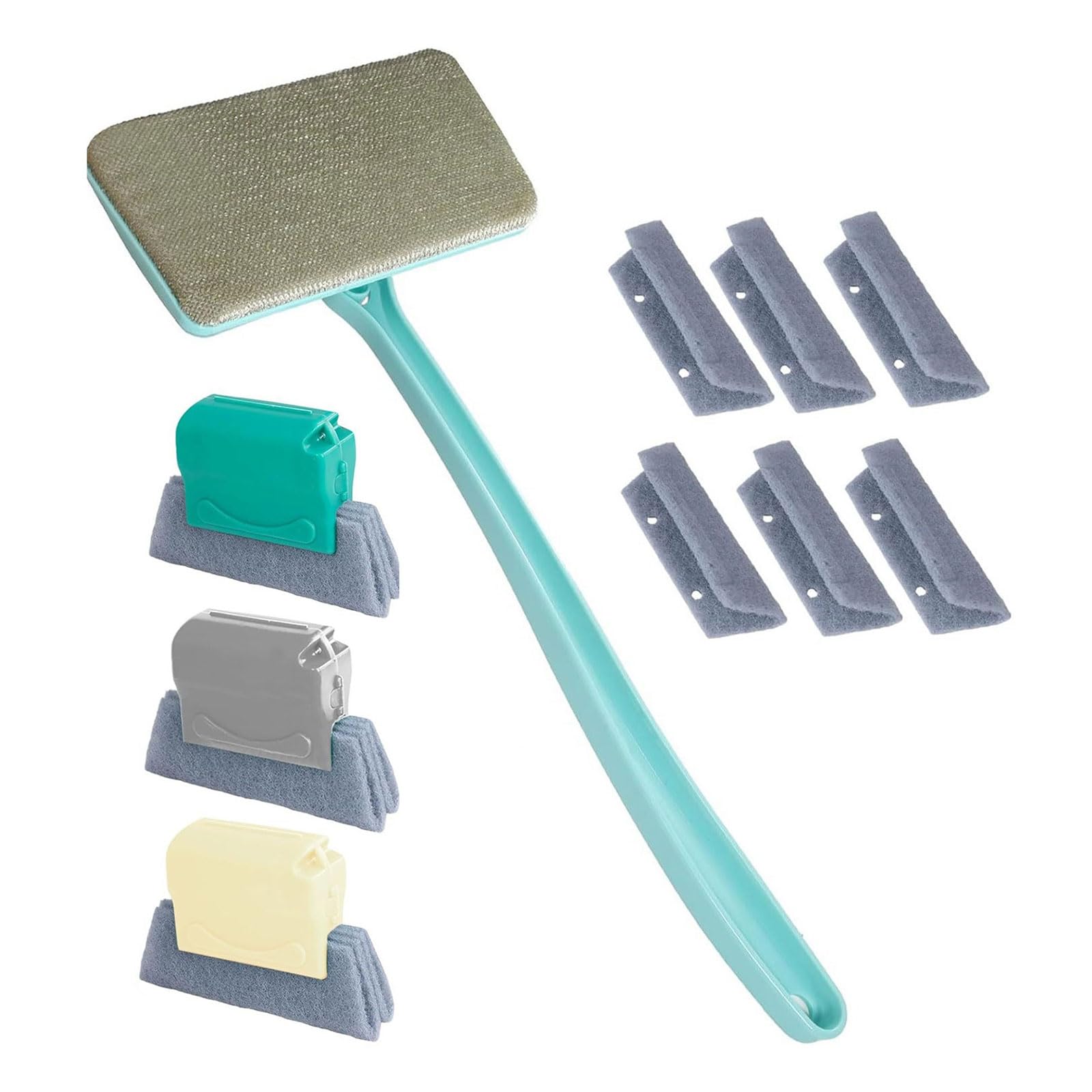 Set per la pulizia dei binari delle finestre a due scopi, con spazzole intercambiabili, 6 panni lavabili, manico estensibile da 37 cm