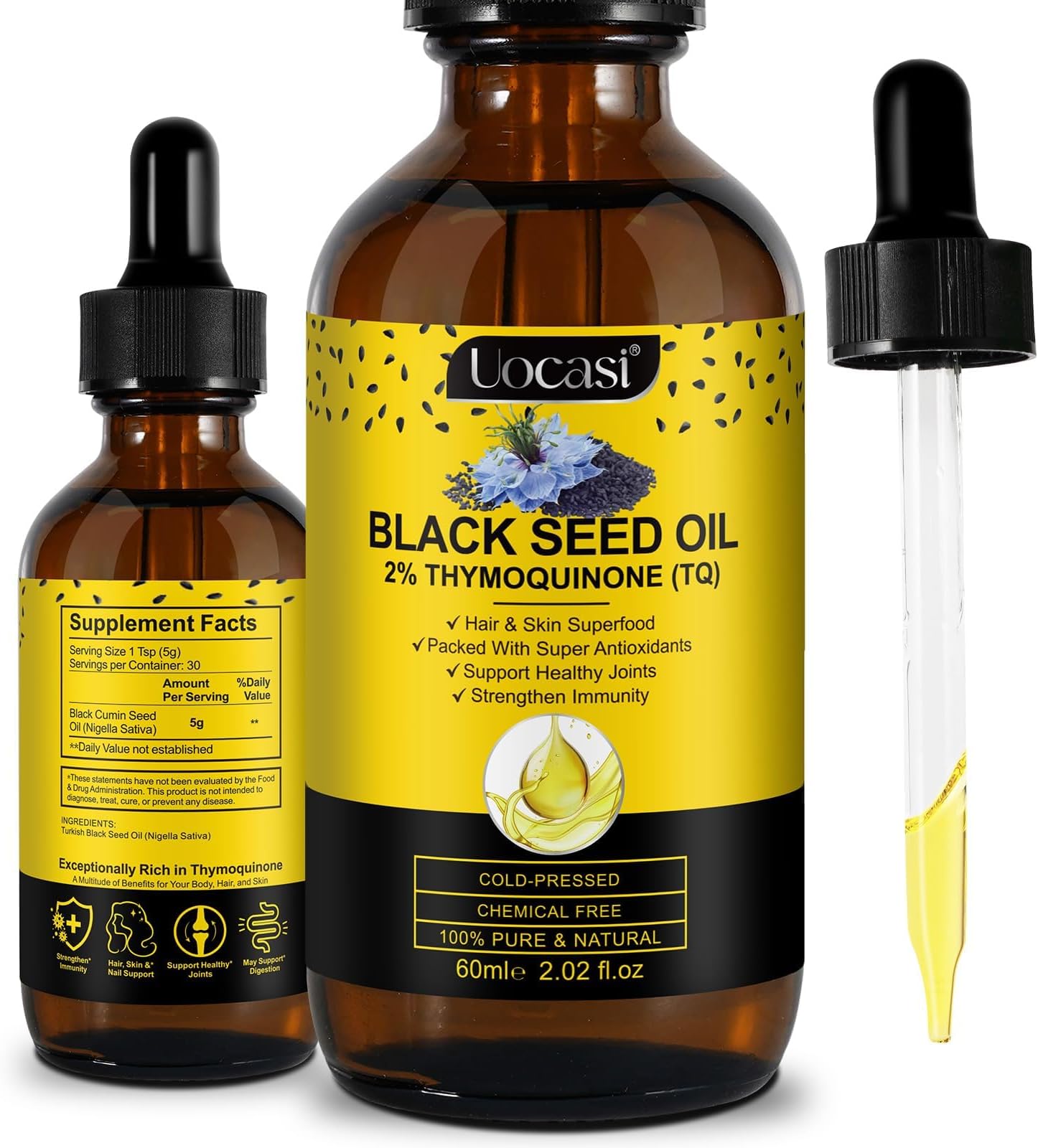 Uocasi Black Seed Oil, Cold Pressed, 100% Pure & Natural, Hair Growth & Skin Care, 2.02 Fl Oz