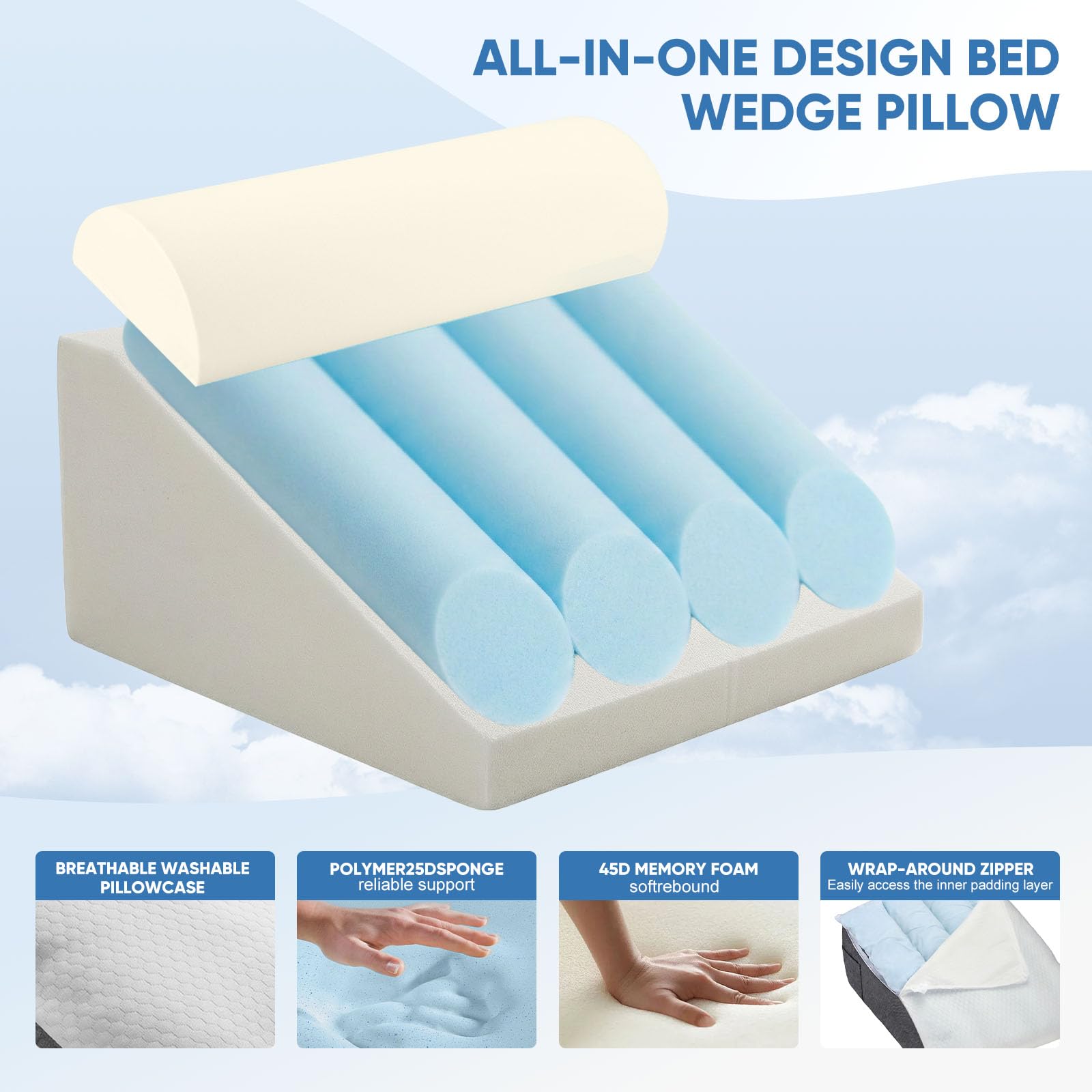 Juego de 3 almohadas de cuña con espuma viscoelástica suave, cojín de apoyo ajustable para un sueño reparador, almohada de inclinación para reflujo, ronquidos y dolor de espalda y piernas