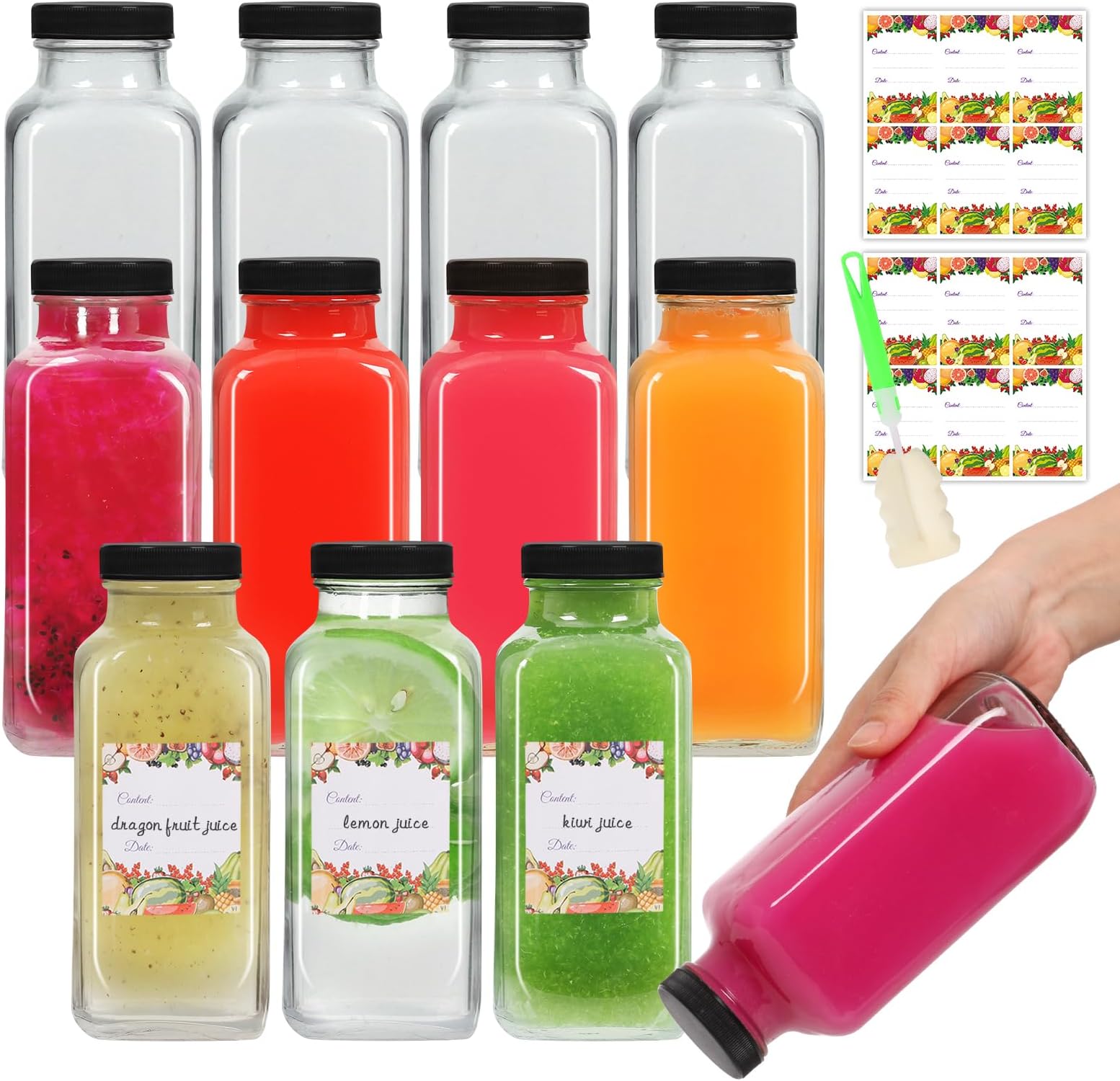 AuroTrends 16 oz Glass Bottles with Lids 12Pack, 480ml Glass Juicing Bottles, Water, Kombucha (16fl.oz, Set of 12)