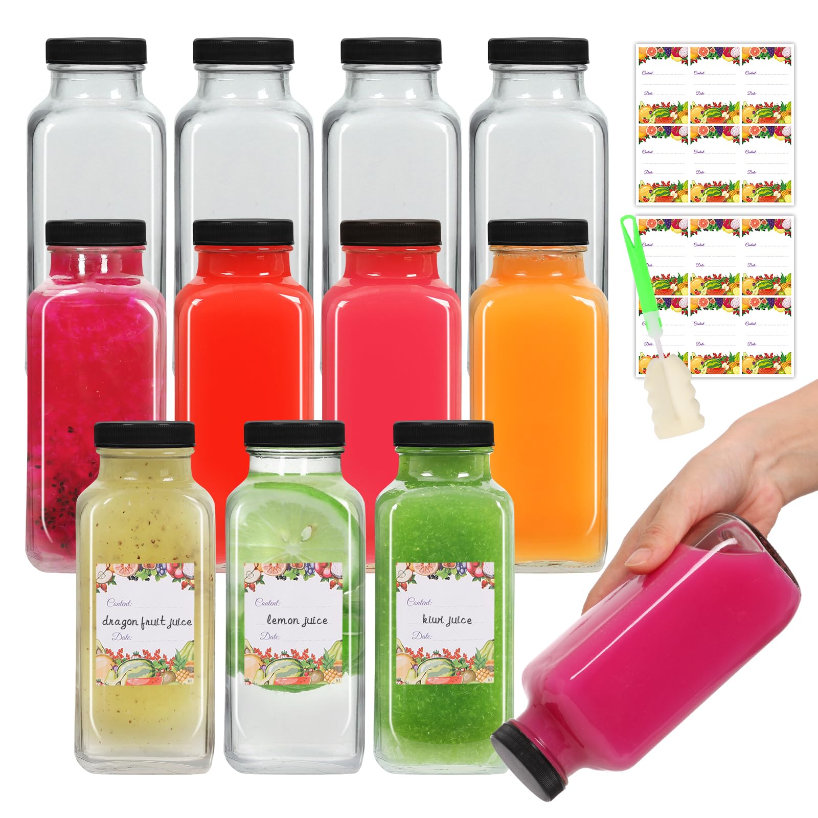 AuroTrends 16 oz Glass Bottles with Lids 12Pack, 480ml Glass Juicing Bottles, Water, Kombucha (16fl.oz, Set of 12)