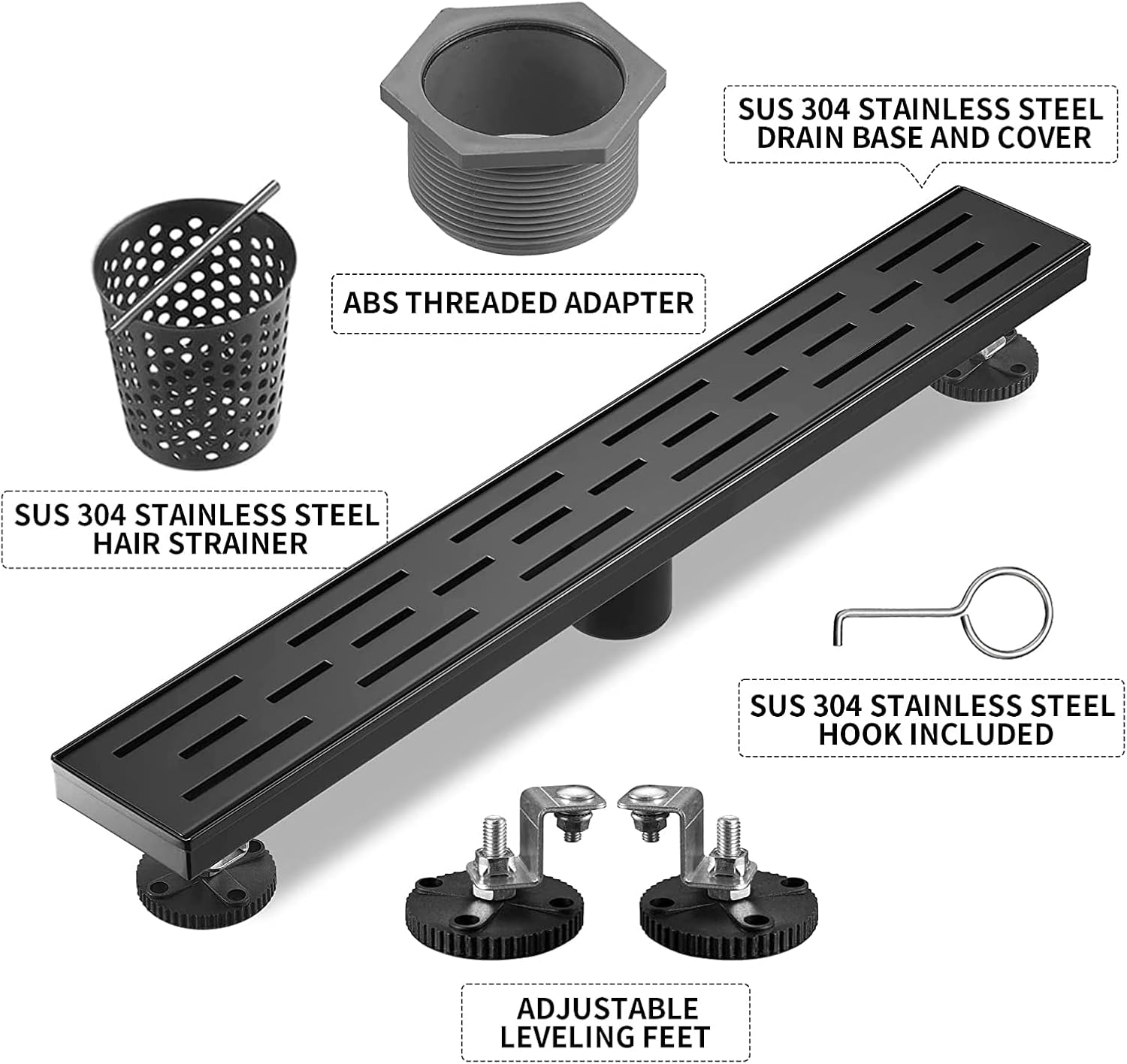 Linear Shower Drain, Matte Black Shower Drain 24 Inch with Removable Grate, SUS-304 Stainless Steel Rectangle Floor Drain with Leveling Feet and Hair Strainer, Bathroom Modern Drain SD-101