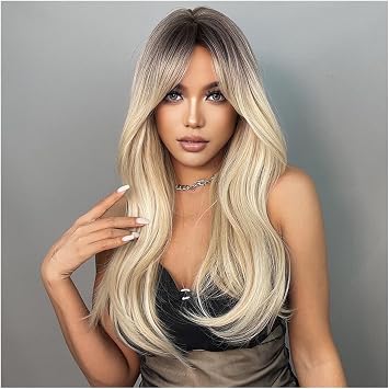 POWHA Brown Blonde Long Straight Synthetic Wigs with Bangs Cosplay Wig for Women Natural Fake Wigs, size