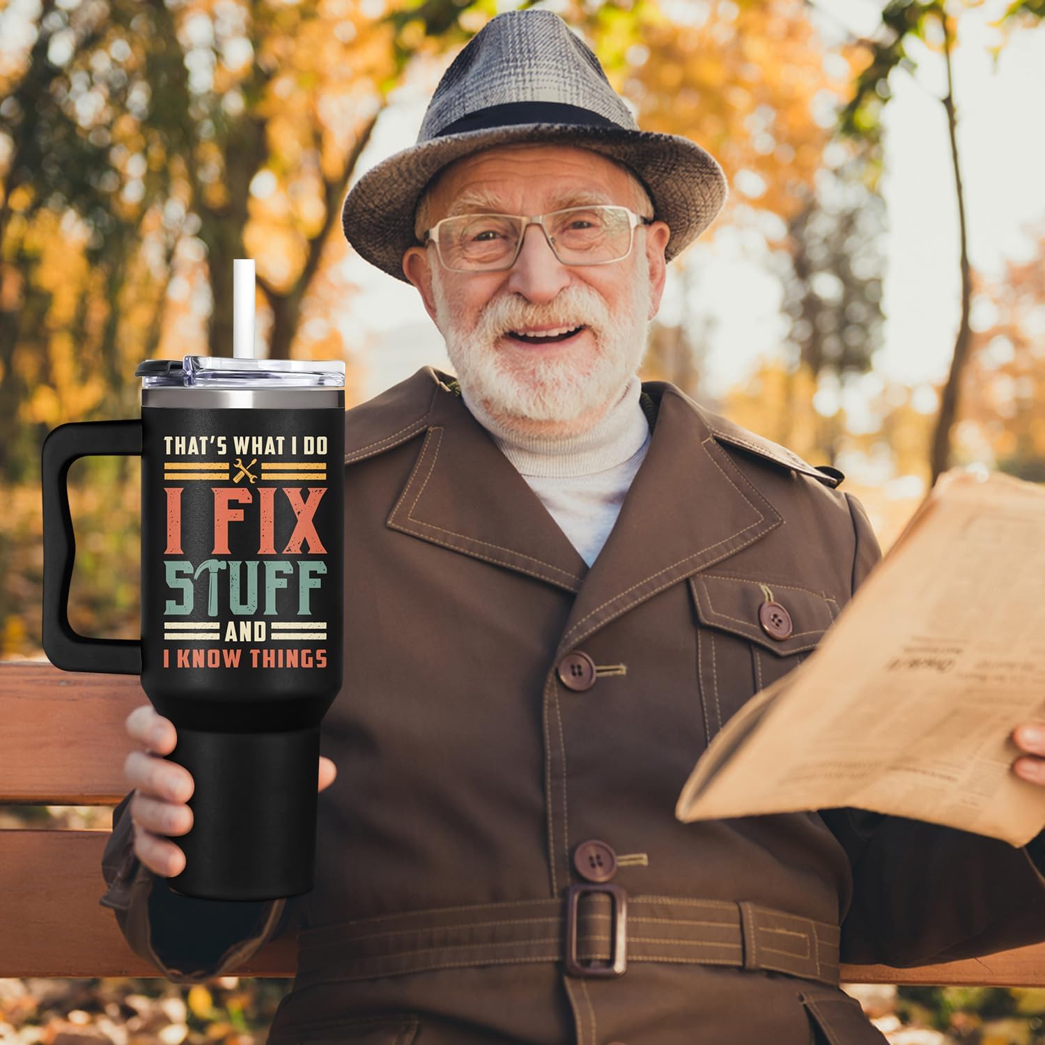 Christmas, Father Day Gifts For Dad, Men - Dad Gifts From Daughter, Son - I Fix Stuff Gift - 40 oz Tumbler with Handle, Lid and Straw Insulated