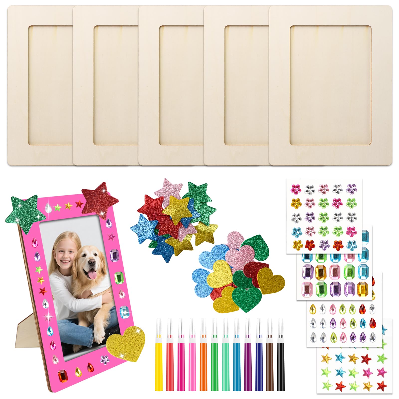 Bilderrahmen Holz Set zum Bemalen,5 Stück 20x15cm Fotorahmen Bastelset Holzrahmen Holzbilderrahmen zum Bemalen mit Glitzersteine,Sticker,Wasserfarben,DIY Bastelsets für Deko,Geburtstage Geschenke