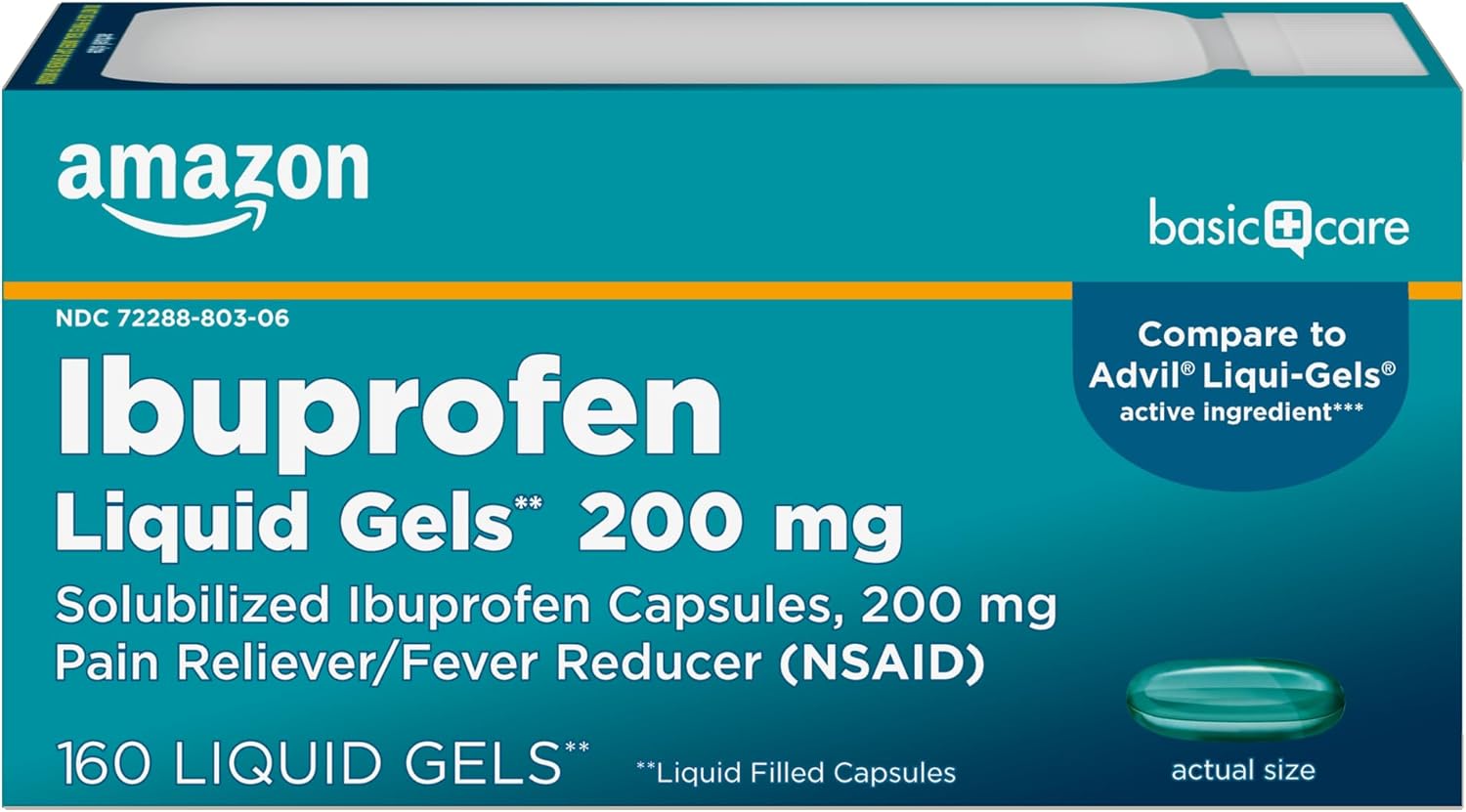 Amazon Basic Care Ibuprofen Liquid Gels 200 mg, Pain Reliever/Fever Reducer Liquid Filled Capsules, for Headache, Toothache, Backache, Menstrual Cramps and More, 160 Count 160 Count 1 Pack