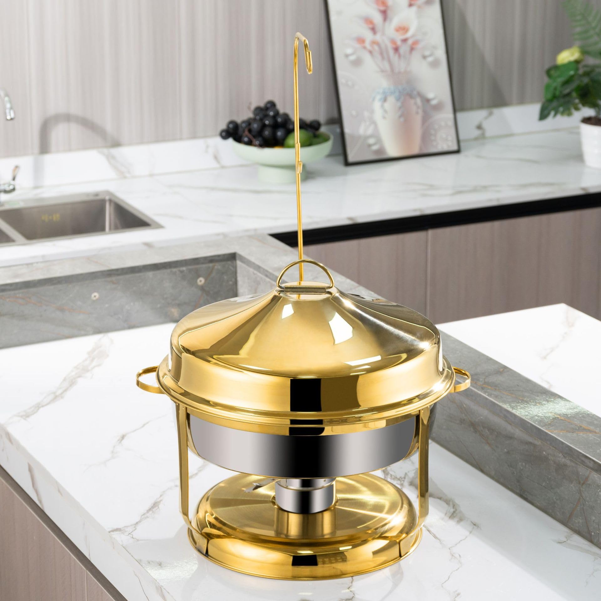 Calentador de alimentos de acero inoxidable dorado con tapa colgante, juego de recipientes para calentar alimentos en buffets para catering que incluye bandeja para alimentos, soporte para agua y com