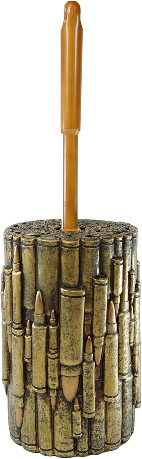 Ebros Gift Rustic Western Military Style Spherical Rifle Ammo Rounds Shells Gold Tone Bullets Bathroom Accessory (Toilet Brush and Sanitary Holder Set)