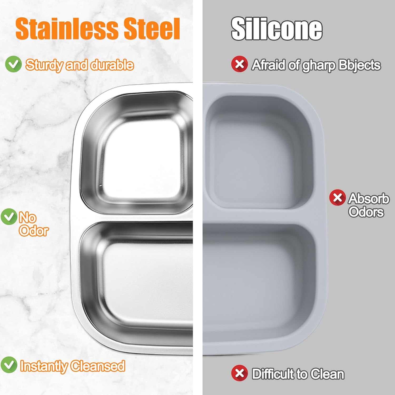 Palksky Stainless Steel Toddler Plates with Lids - 3-Pack Divided Baby Plates for Portion Control, Microwave & Dishwasher Safe Easy-Clean Lunch Trays