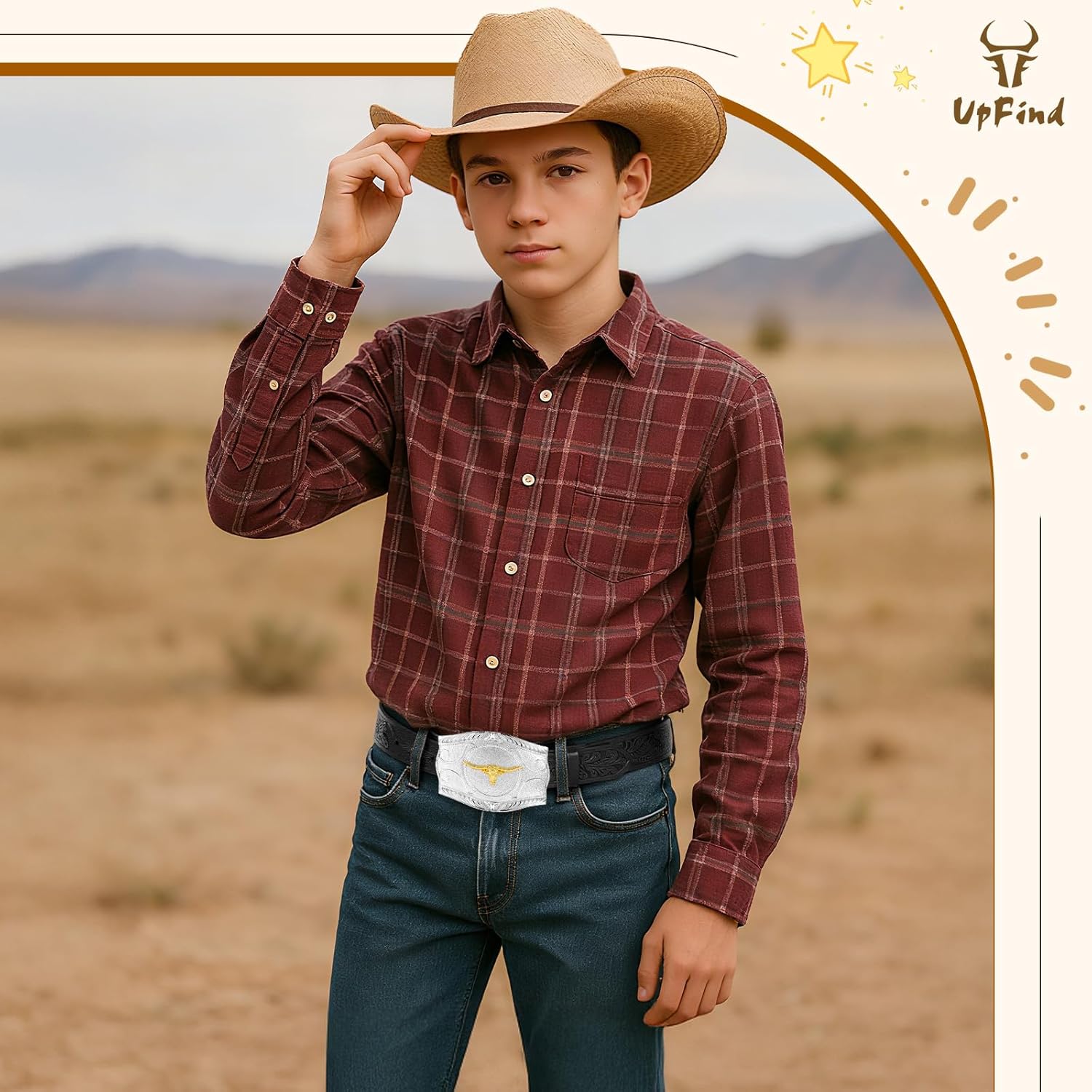 Kids Western Leather Belt for Boys Girls Youth Embossed Cowboy Belt with Silver Longhorn Buckle for Jeans 1.5" Wide - Image 3