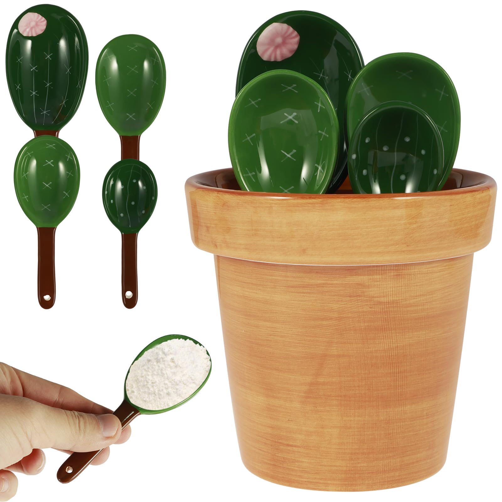 Set Di 5 Cucchiai Dosatori In Ceramica A Forma Di Cactus Con Vaso Portacucchiai - Verde E Blu