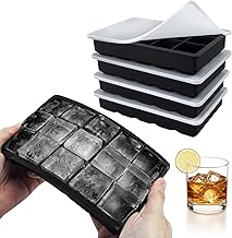 CNMTCCO Ice Cube Tray, Pack of 4, Silicone Ice Cube Tray with Total 60 Compartments, Large Square Ice Cubes, 3.5 cm for Whisky, Cocktail, Wine, Fruit Puree, Ice Cream (Black + Translucent Silicone Lid