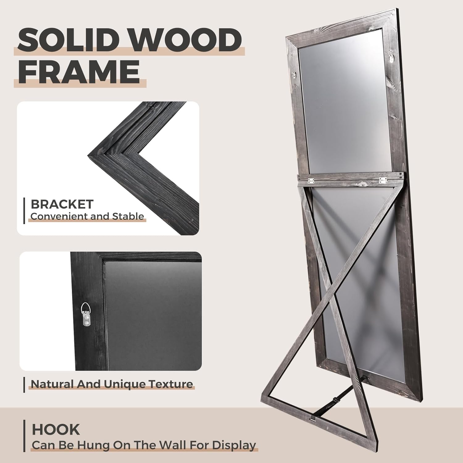 65"x22" Full Length Mirror Solid Wood Frame Floor Mirror with Stand for Living Room, Bedroom Hanging Standing or Leaning, Black