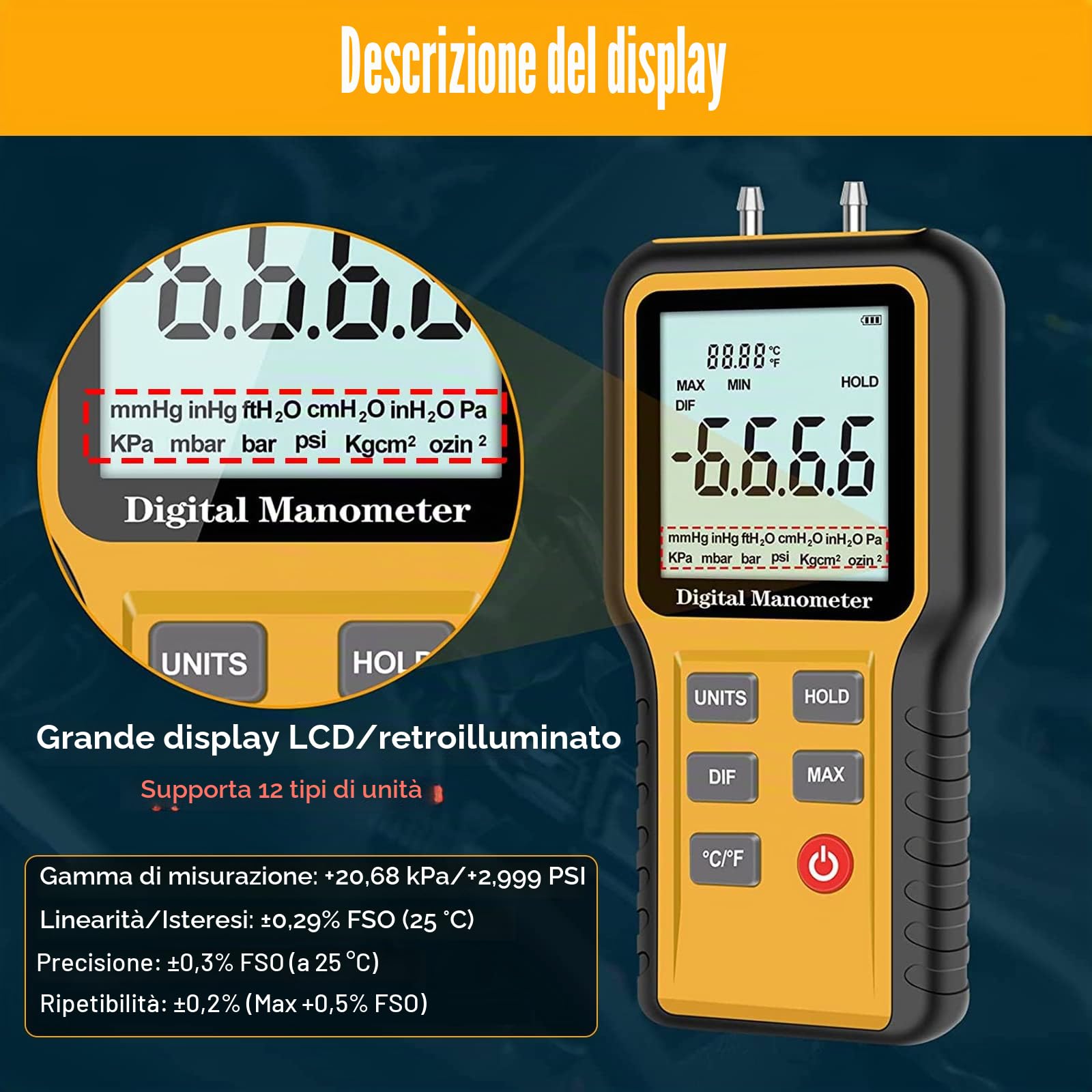 Manometro Digitale Palmare Professionale Manometro Differenziale Digitale per Gas Tester di Pressione del Gas HVAC Manometri Portatile con Connettore a Doppio Tubo, Ampio Display LCD e 12 Unità di
